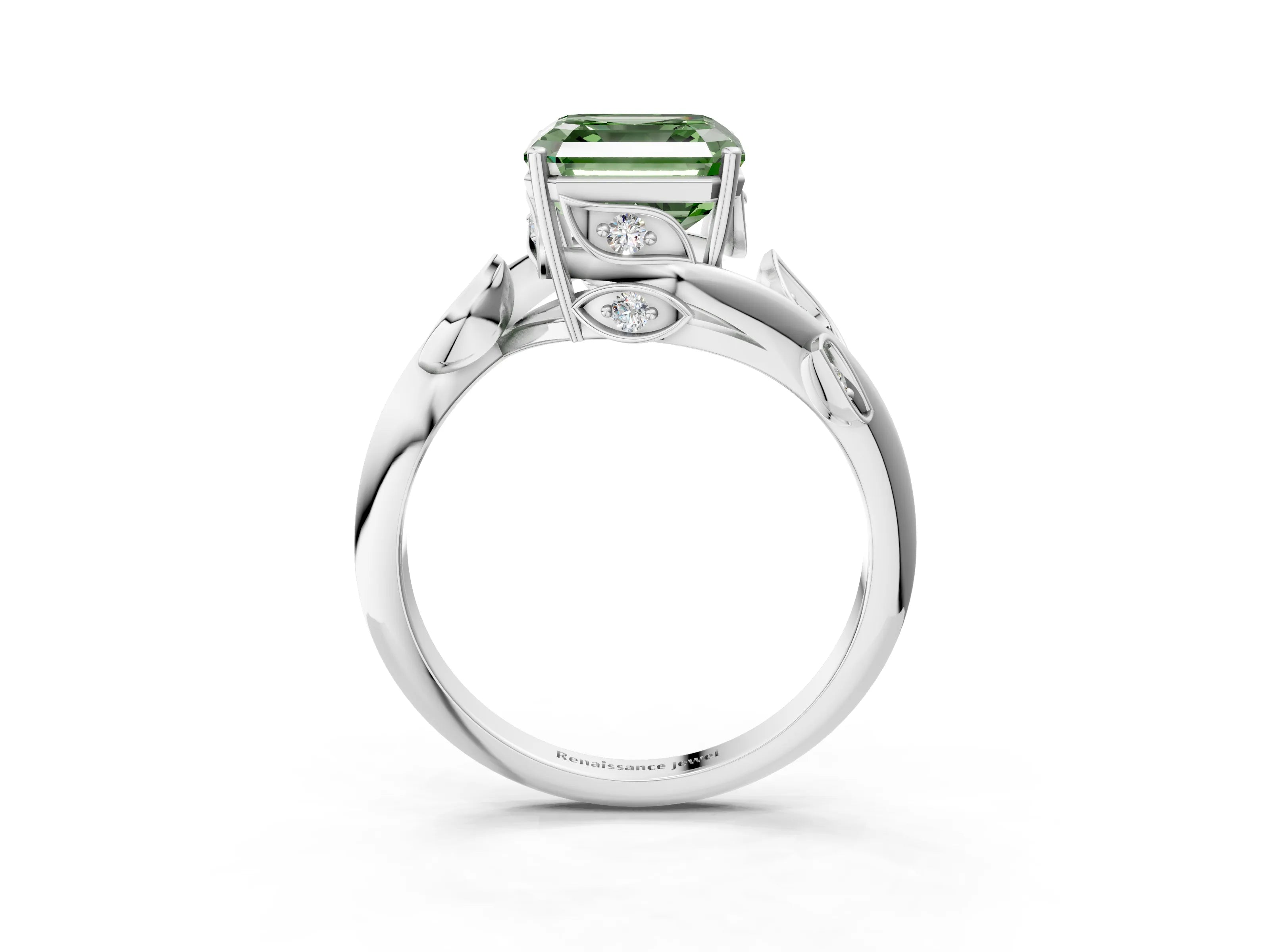 White gold Fancy Green Asscher Cut Solitaire Twist Engagement Ring with Leaf Accents and Prong Setting_9