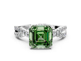 White gold Fancy Green Asscher Cut Solitaire Twist Pave Diamond Engagement Ring with Prong Setting