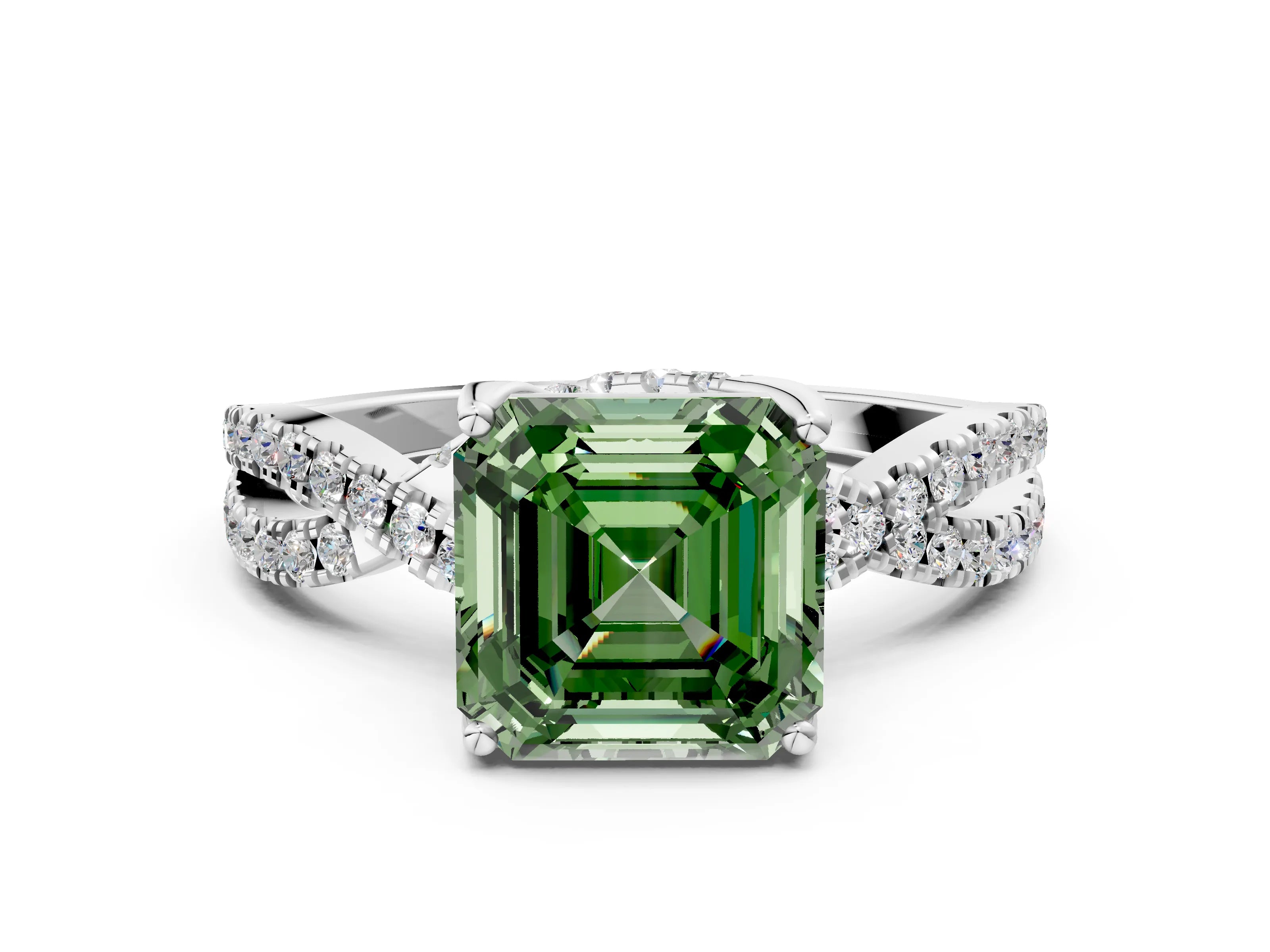 White gold Fancy Green Asscher Cut Solitaire Twist Pave Diamond Engagement Ring with Prong Setting_12