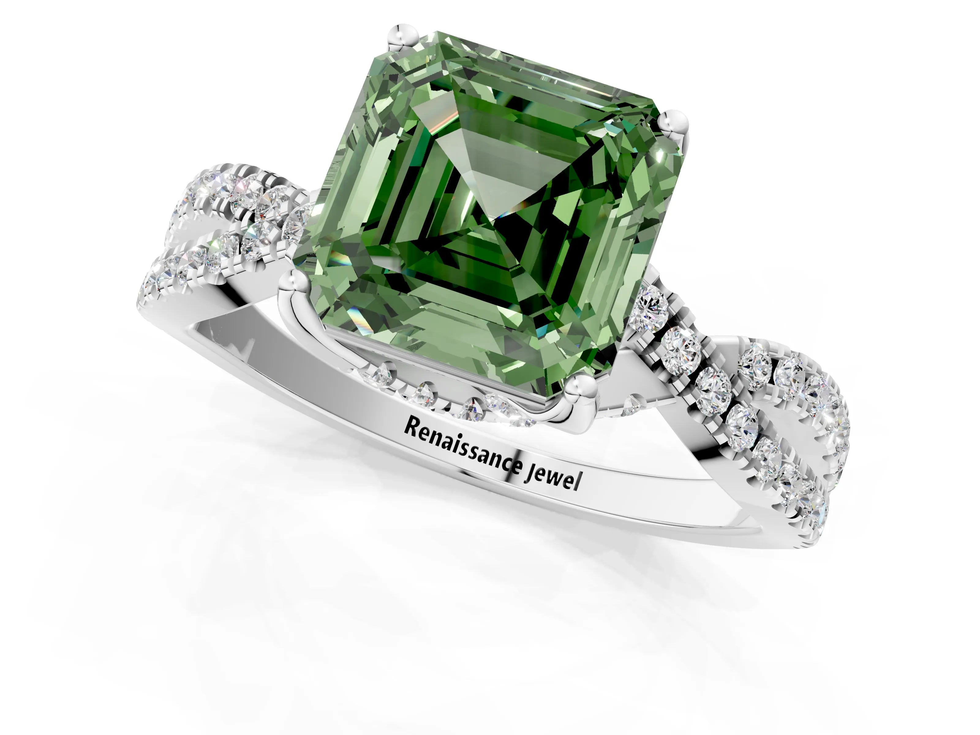 White gold Fancy Green Asscher Cut Solitaire Twist Pave Diamond Engagement Ring with Prong Setting_13
