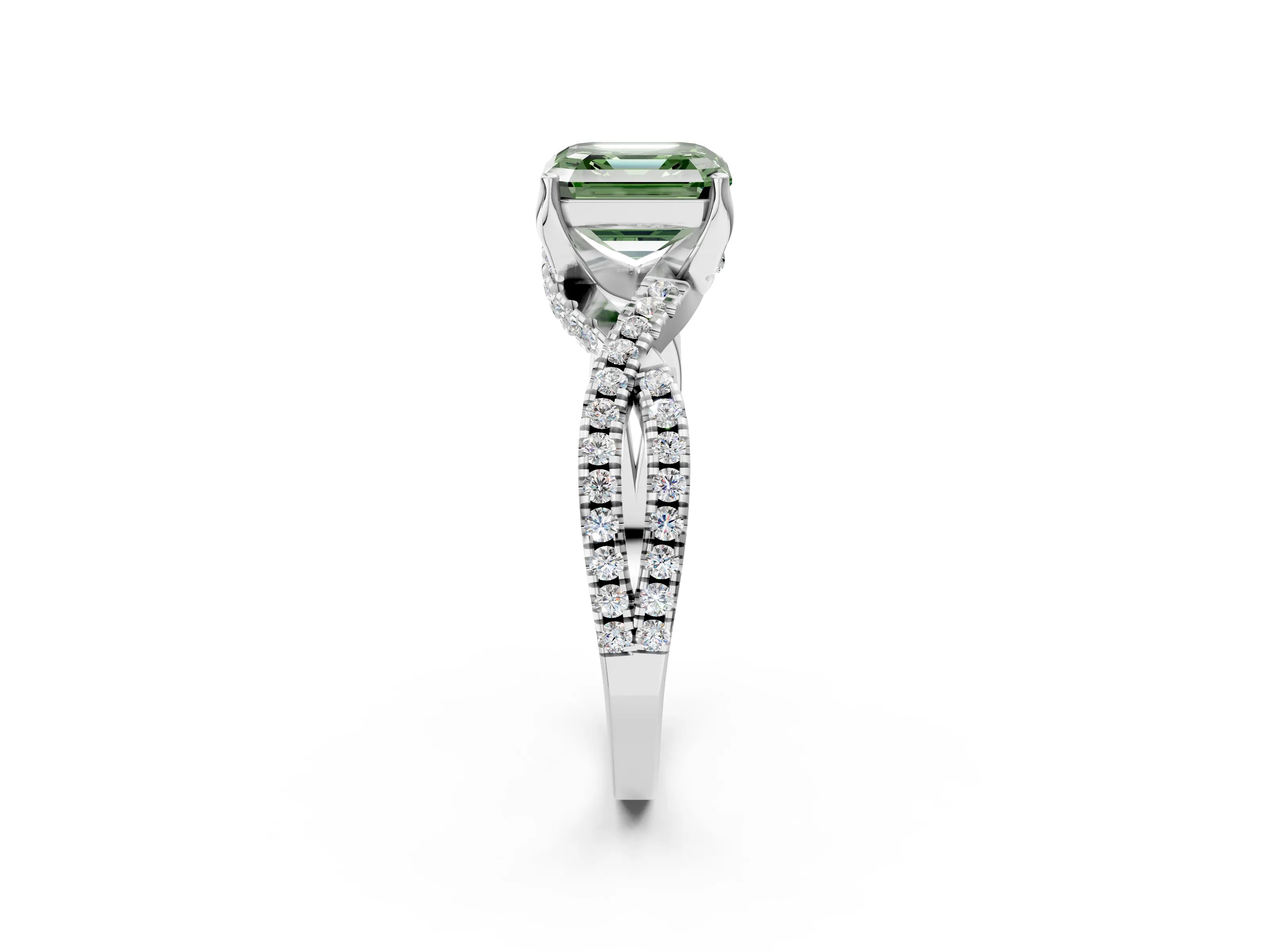 White gold Fancy Green Asscher Cut Solitaire Twist Pave Diamond Engagement Ring with Prong Setting_14