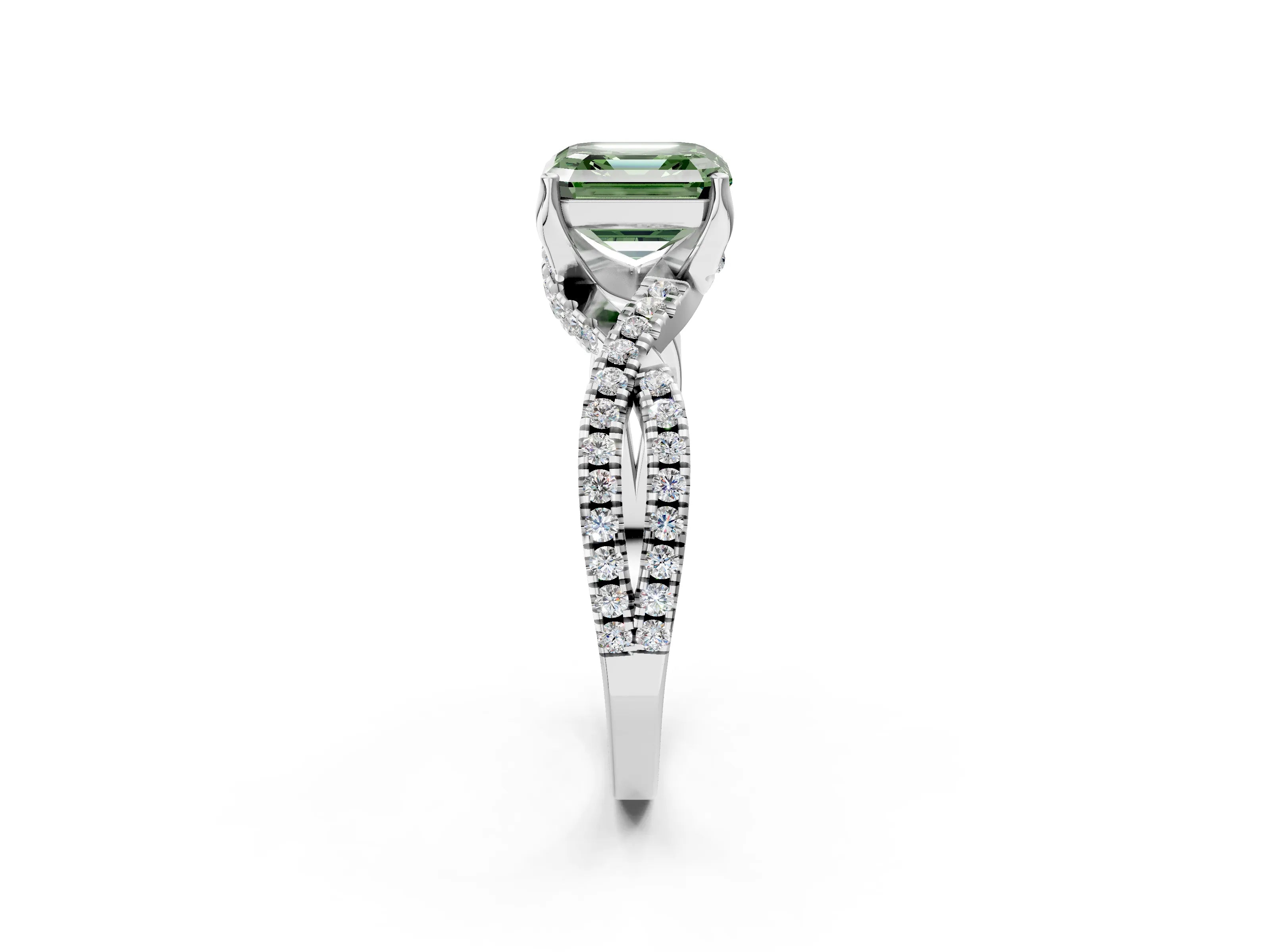 White gold Fancy Green Asscher Cut Solitaire Twist Pave Diamond Engagement Ring with Prong Setting_2