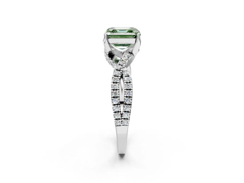 White gold Fancy Green Asscher Cut Solitaire Twist Pave Diamond Engagement Ring with Prong Setting_2