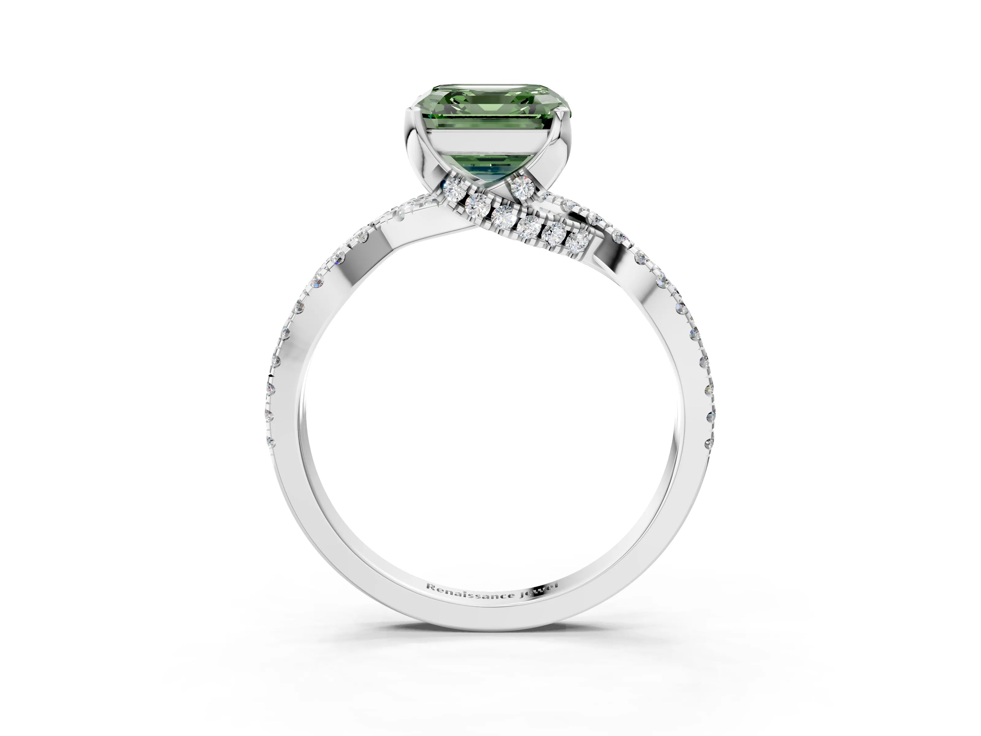 White gold Fancy Green Asscher Cut Solitaire Twist Pave Diamond Engagement Ring with Prong Setting_3