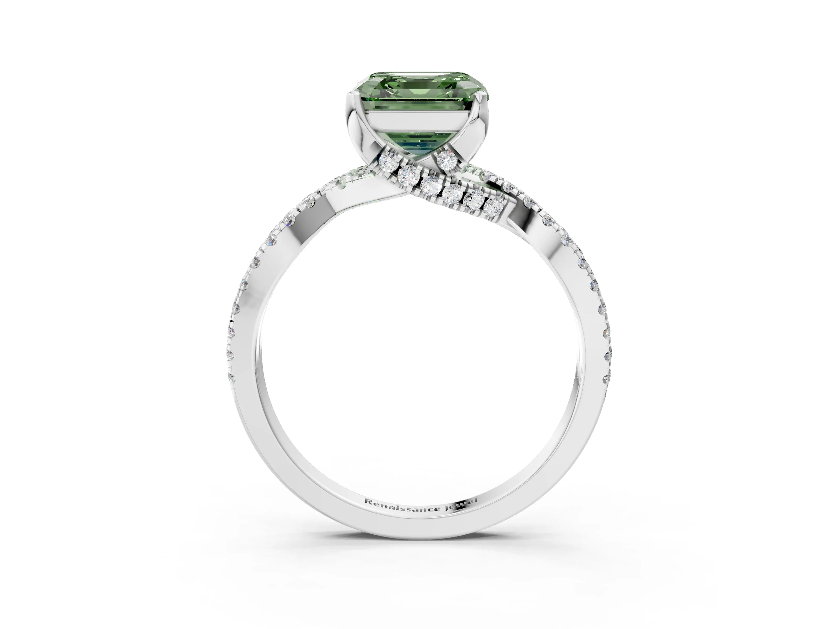 White gold Fancy Green Asscher Cut Solitaire Twist Pave Diamond Engagement Ring with Prong Setting_3