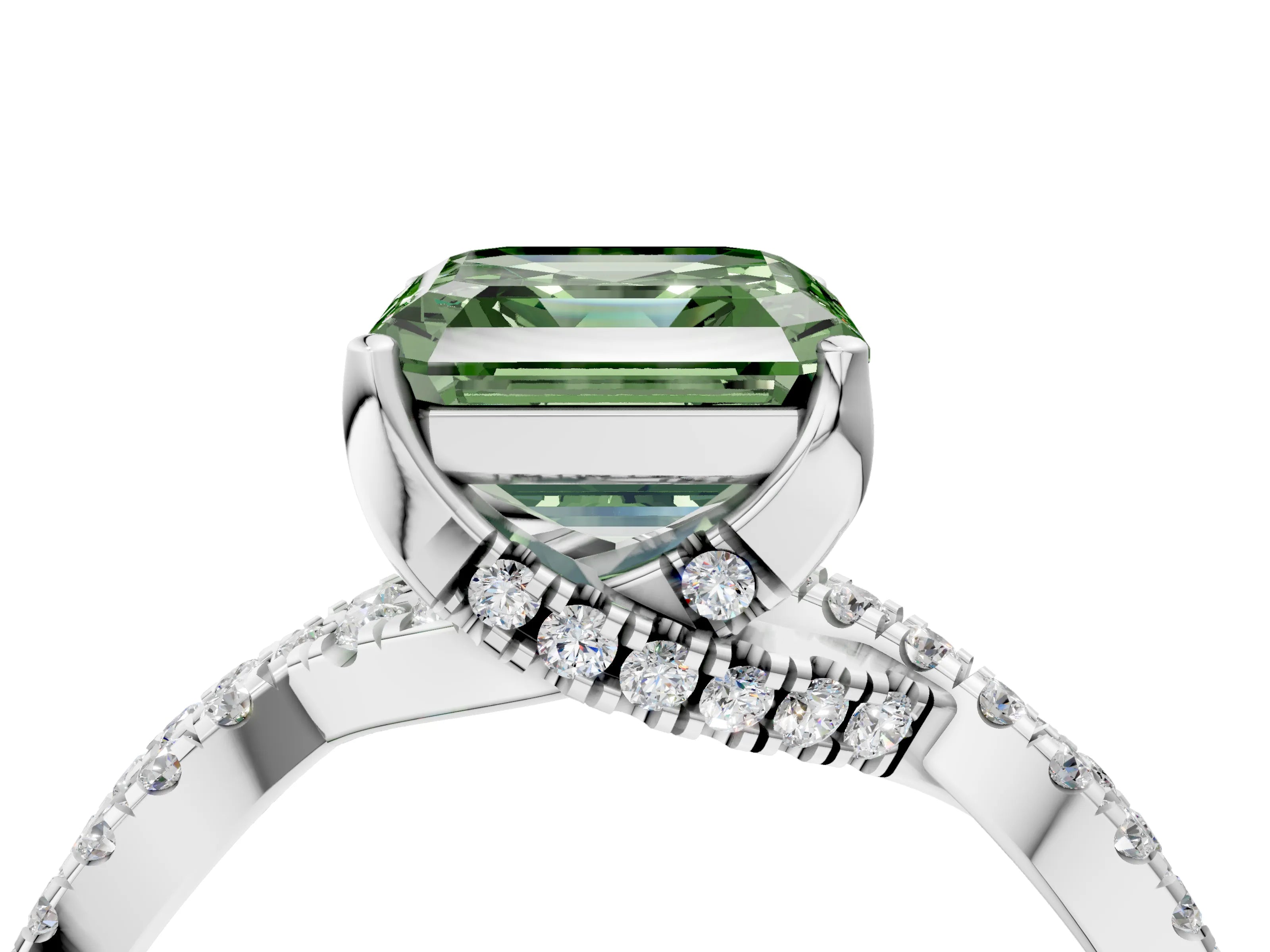 White gold Fancy Green Asscher Cut Solitaire Twist Pave Diamond Engagement Ring with Prong Setting_4