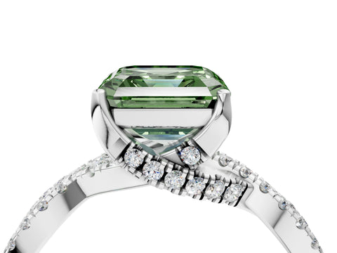 White gold Fancy Green Asscher Cut Solitaire Twist Pave Diamond Engagement Ring with Prong Setting_4