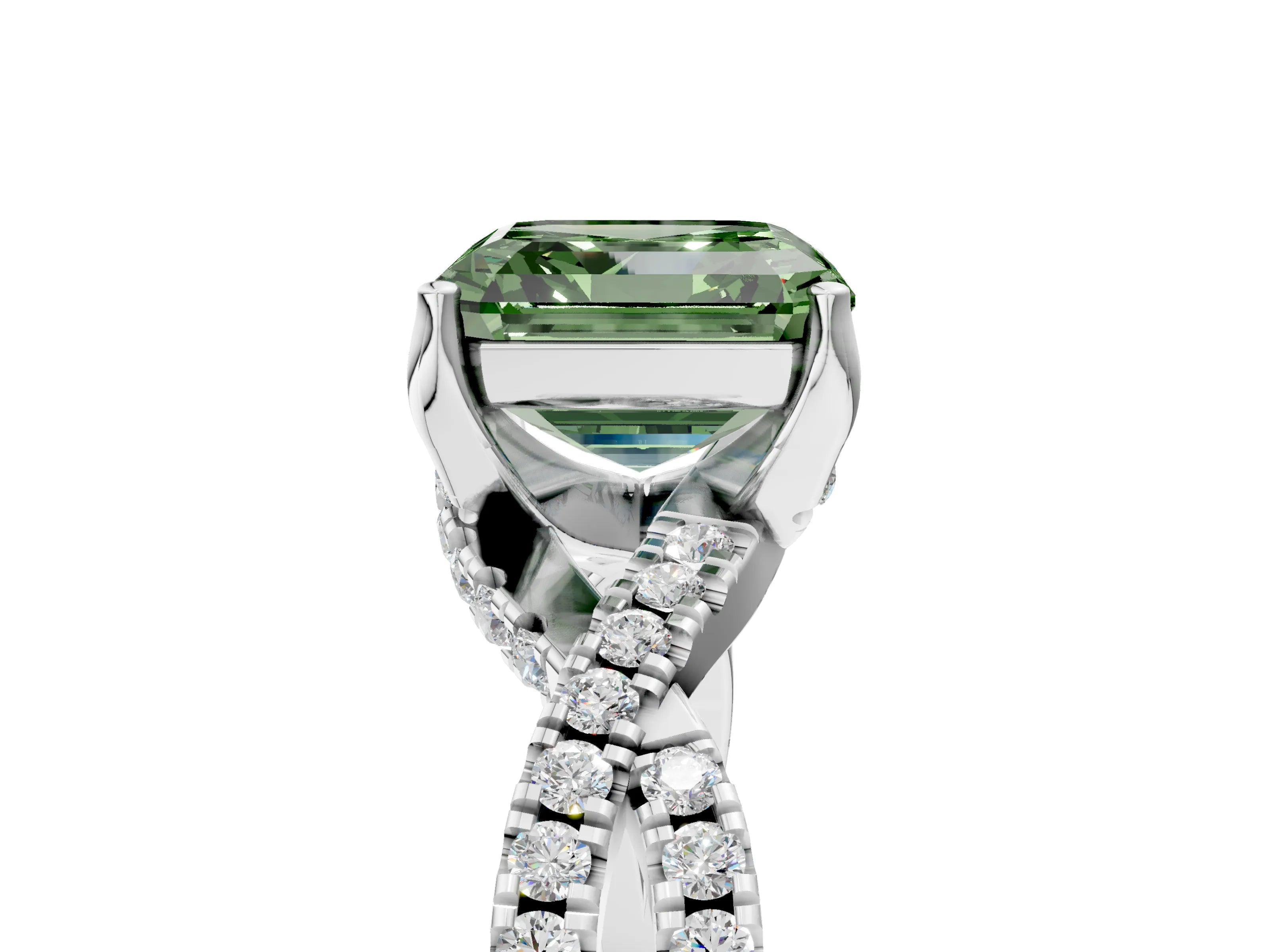 White gold Fancy Green Asscher Cut Solitaire Twist Pave Diamond Engagement Ring with Prong Setting_5