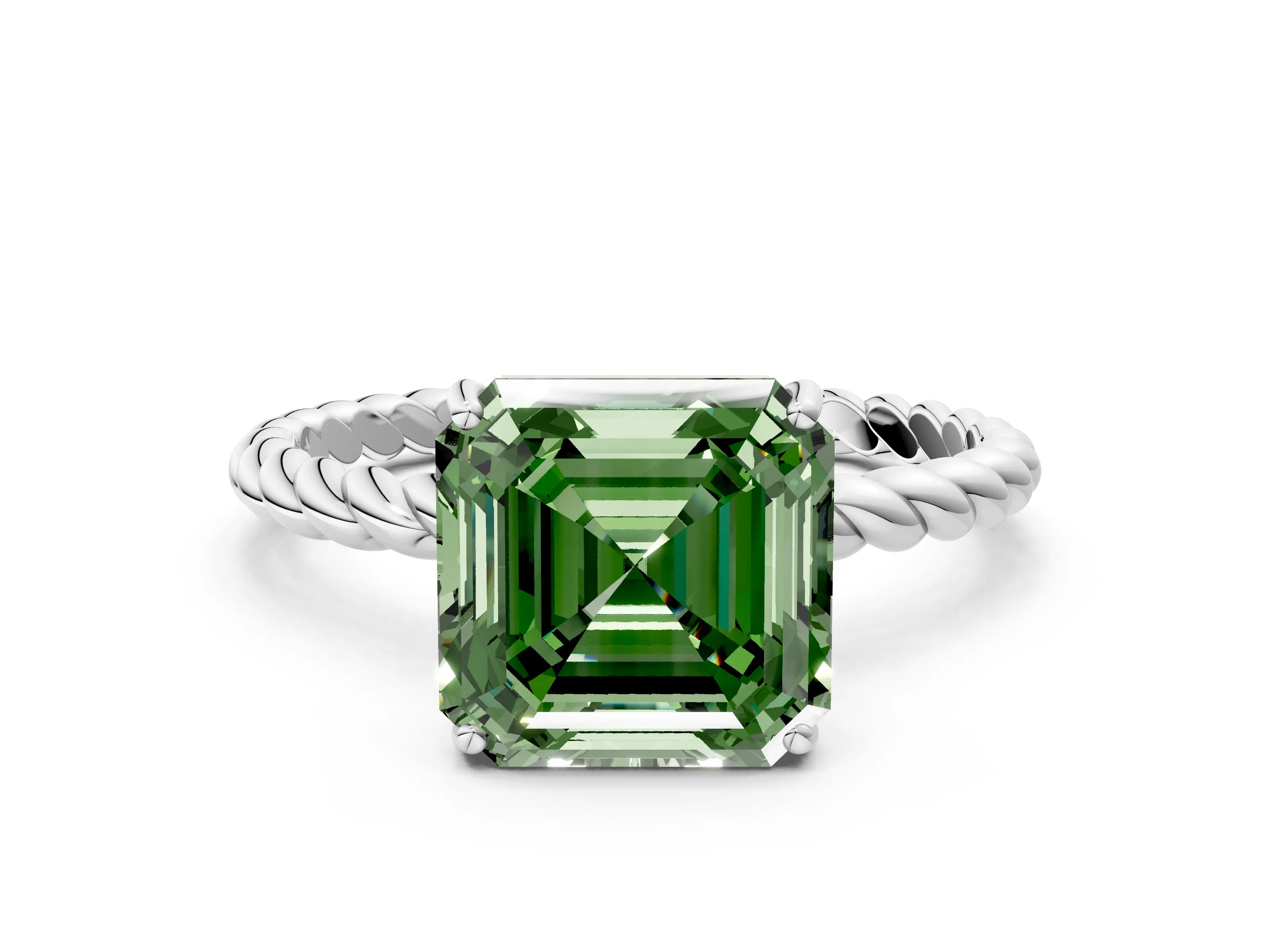 White gold Fancy Green Asscher Cut Solitaire Twisted Band 4-Prong Ring_36