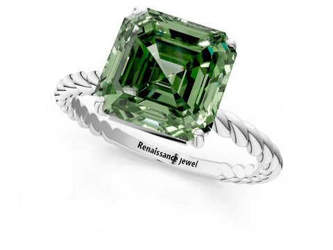White gold Fancy Green Asscher Cut Solitaire Twisted Band 4-Prong Ring_37