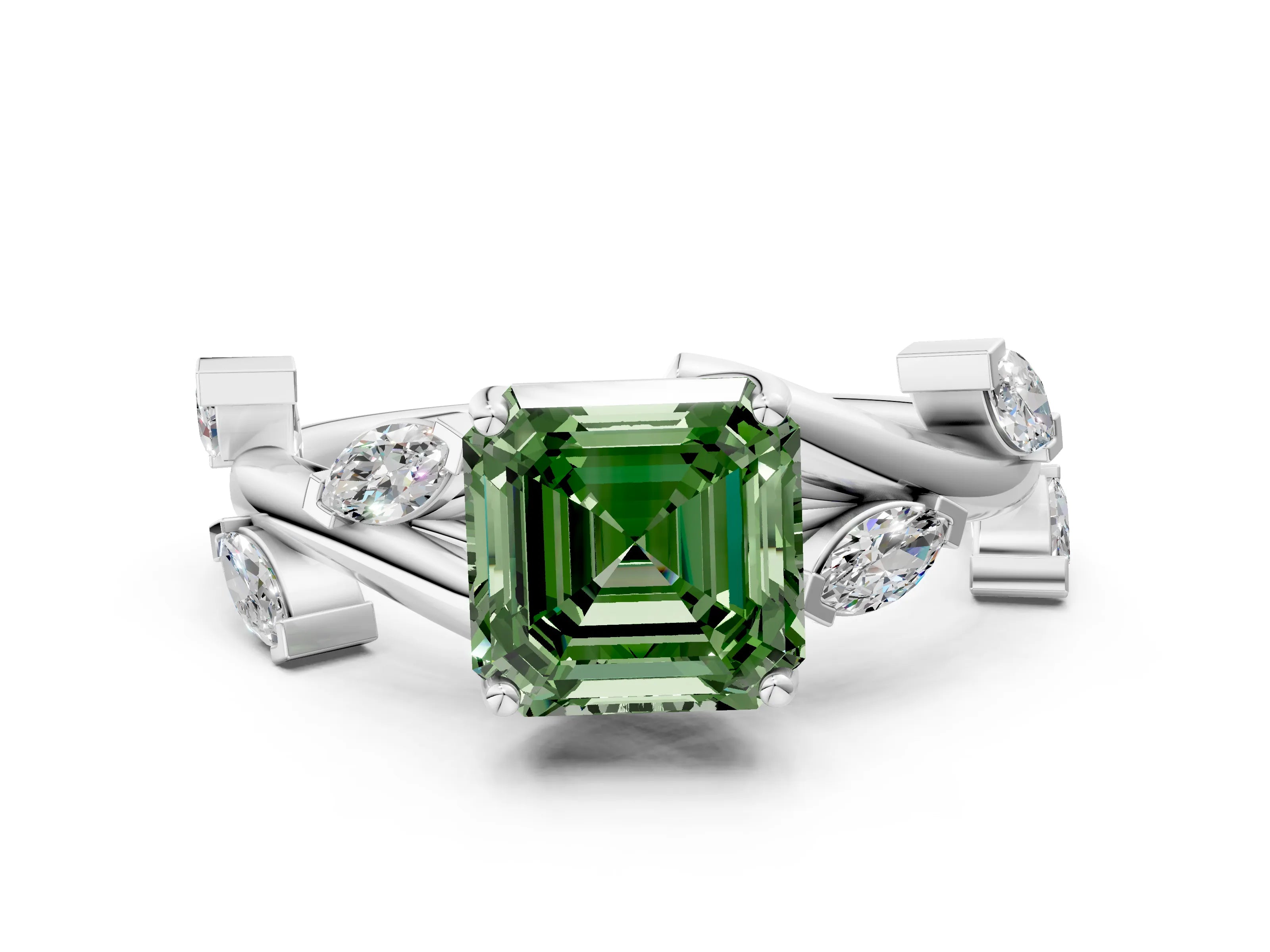 White gold Fancy Green Asscher Cut Solitaire Twisted Band Marquise Accent Prong Setting Ring
