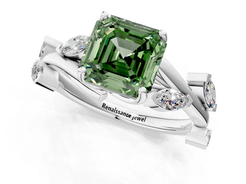 White gold Fancy Green Asscher Cut Solitaire Twisted Band Marquise Accent Prong Setting Ring_1