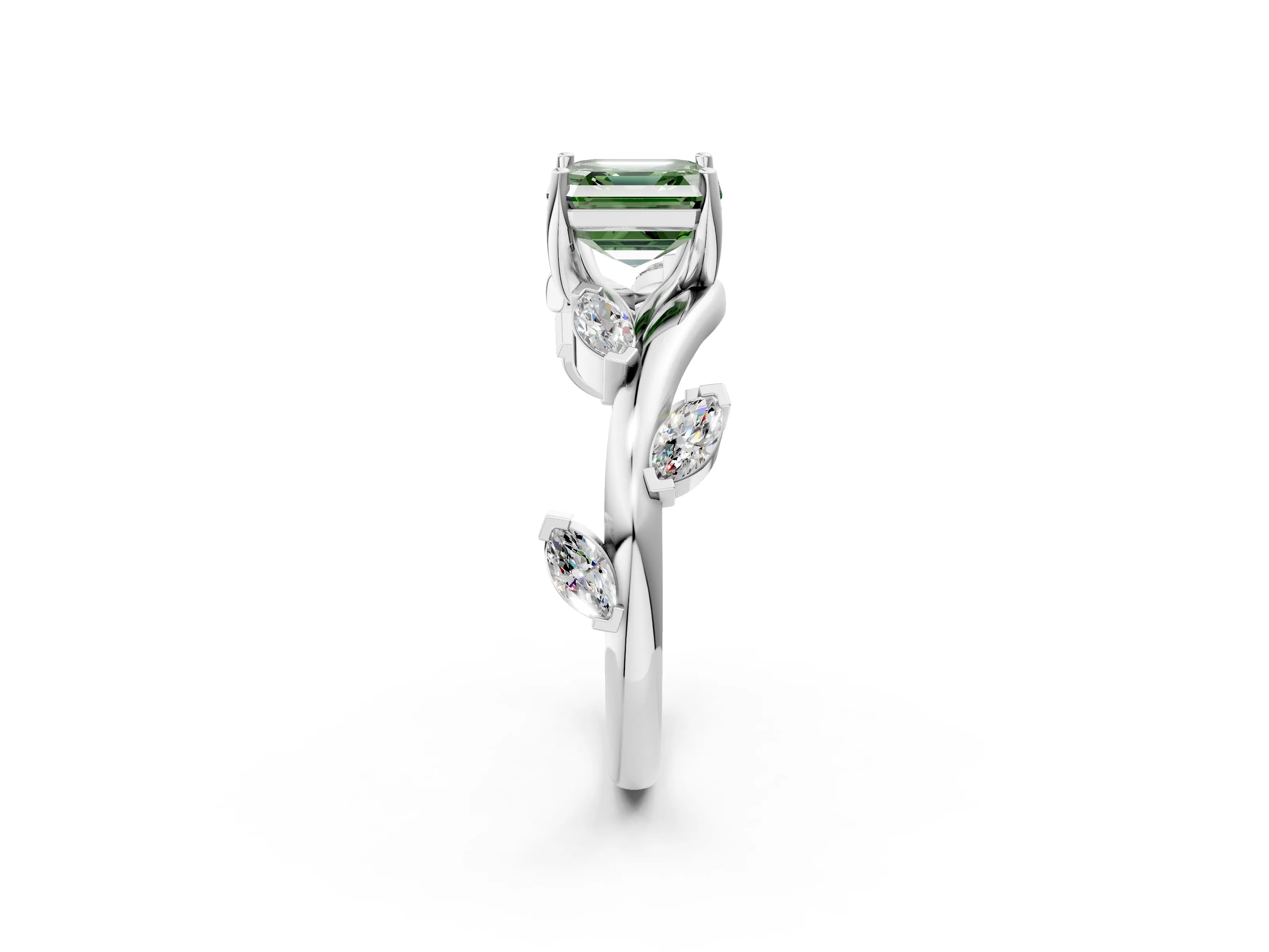 White gold Fancy Green Asscher Cut Solitaire Twisted Band Marquise Accent Prong Setting Ring_2