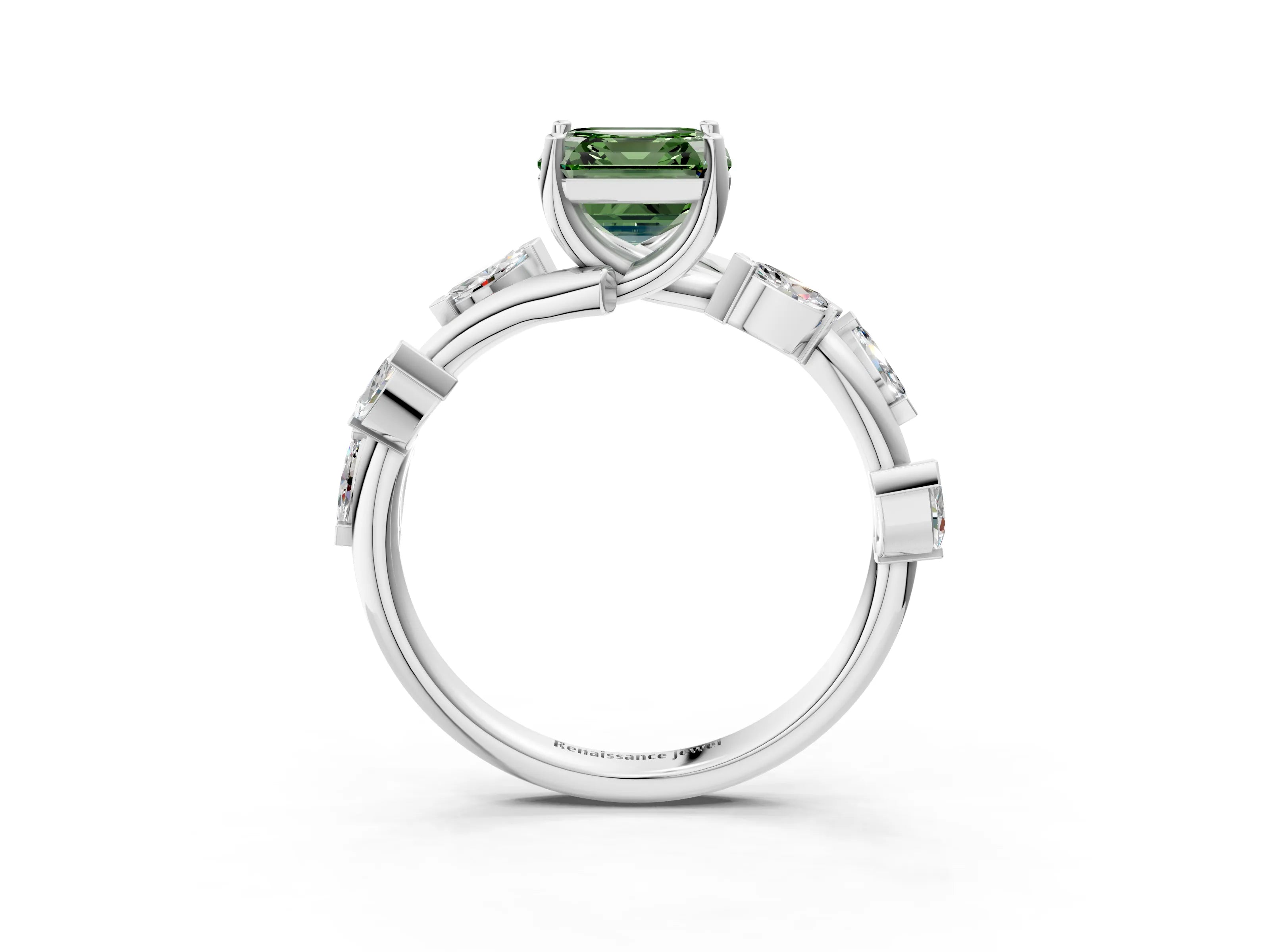 White gold Fancy Green Asscher Cut Solitaire Twisted Band Marquise Accent Prong Setting Ring_3