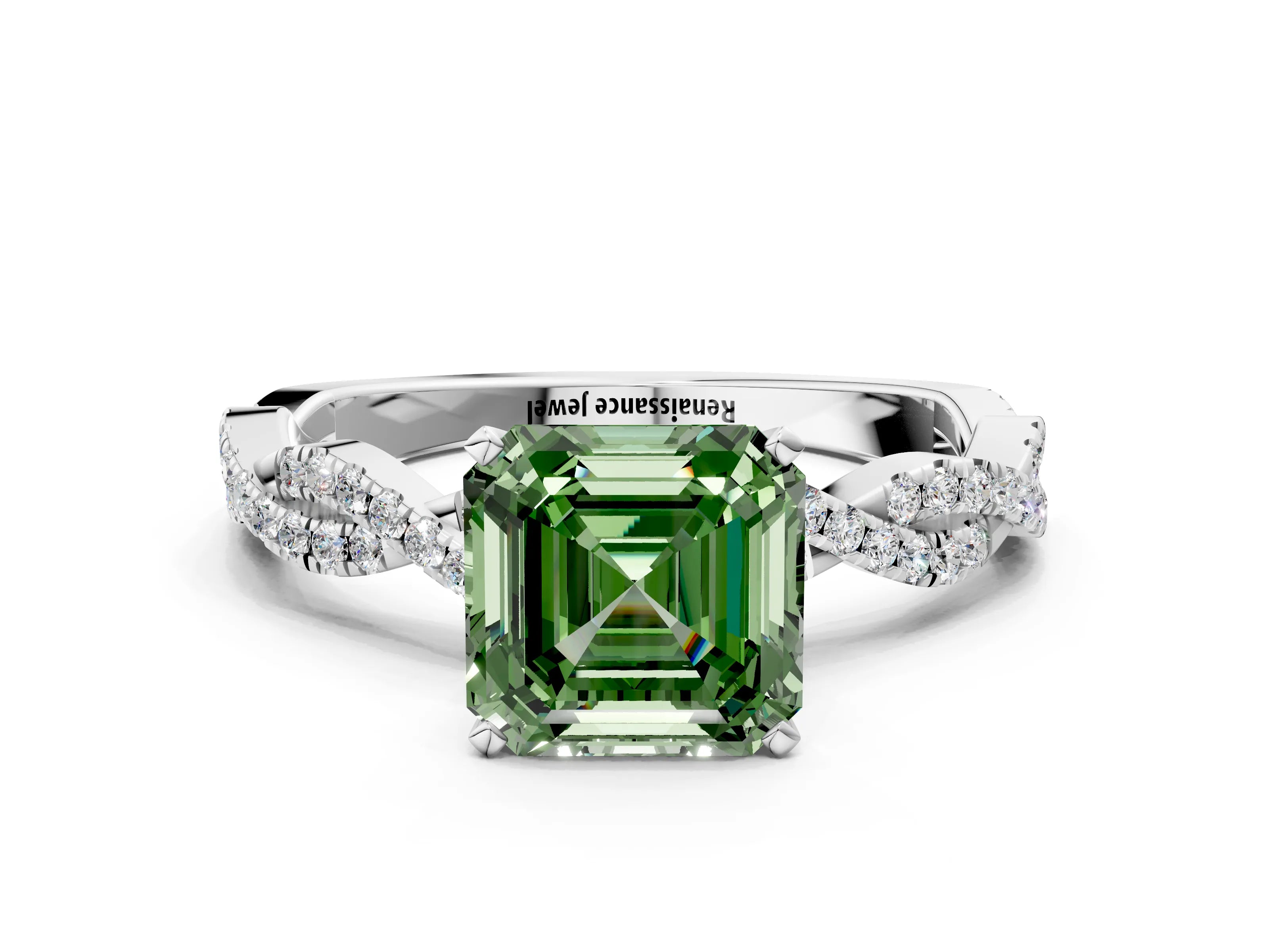 White gold Fancy Green Asscher Cut Solitaire Twisted Pave Band with Four-Prong Setting_15
