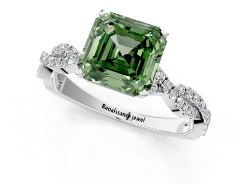 White gold Fancy Green Asscher Cut Solitaire Twisted Pave Band with Four-Prong Setting_16