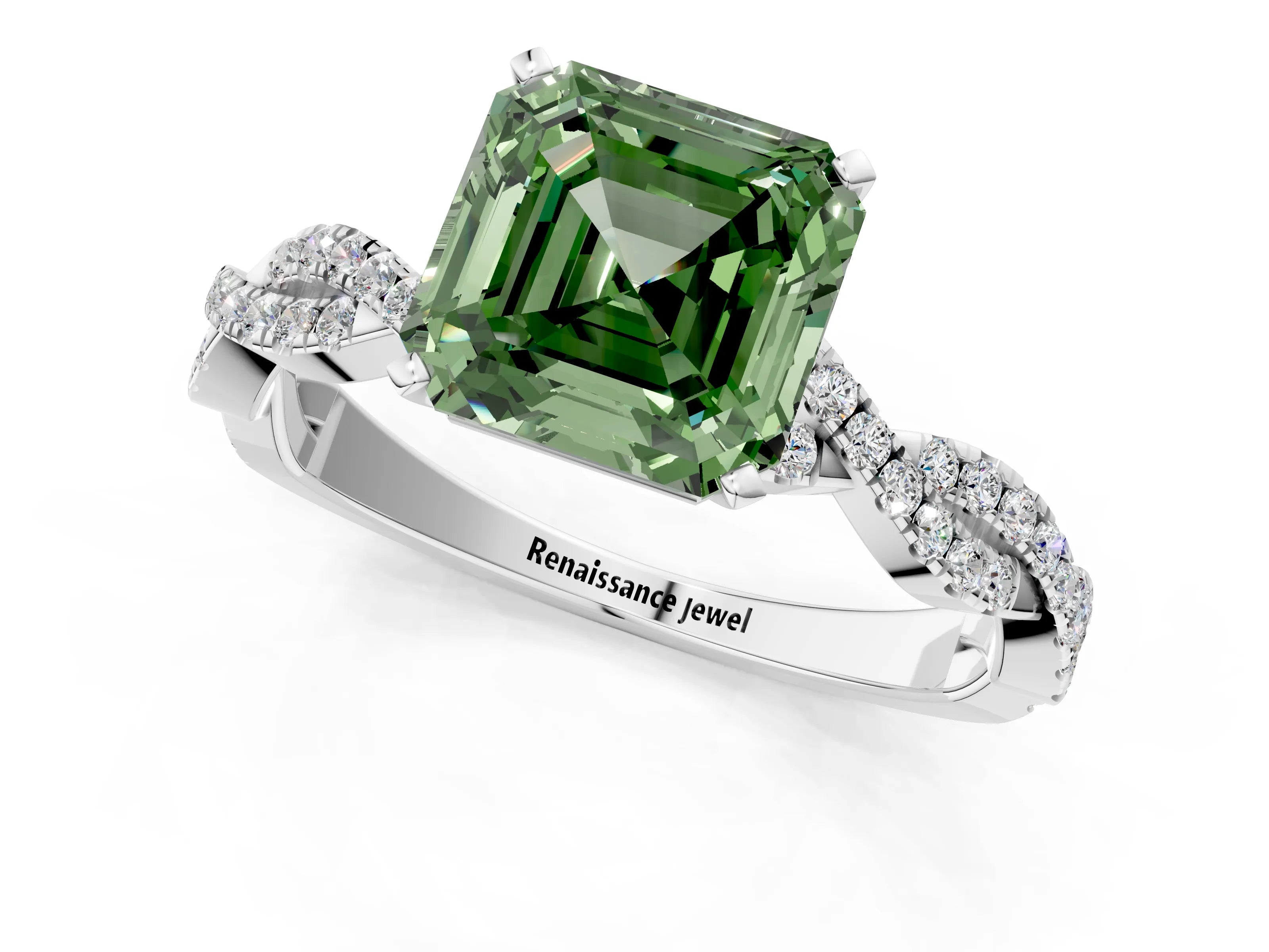 White gold Fancy Green Asscher Cut Solitaire Twisted Pave Band with Four-Prong Setting_16