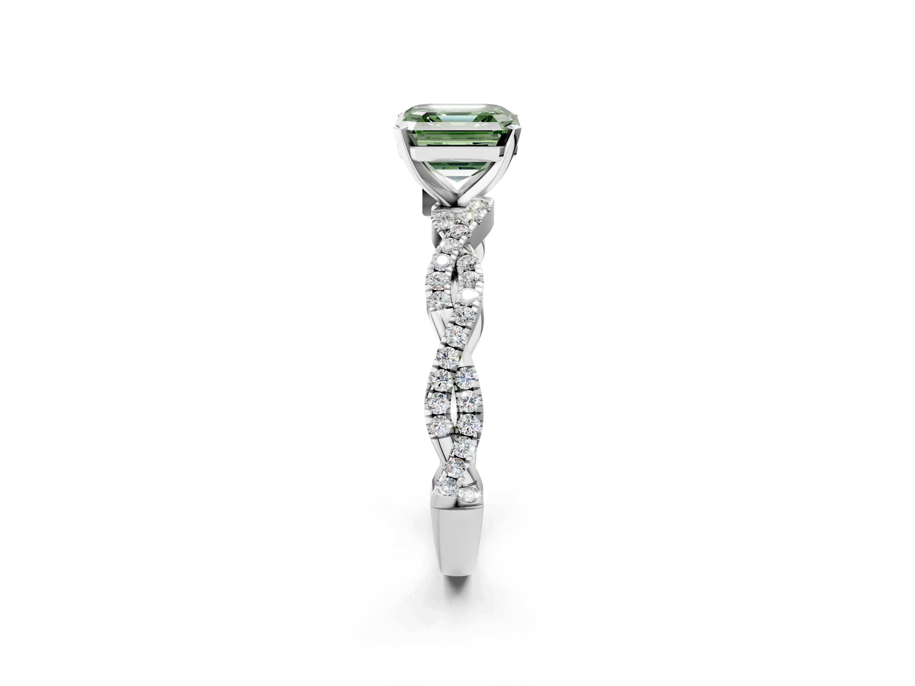 White gold Fancy Green Asscher Cut Solitaire Twisted Pave Band with Four-Prong Setting_17