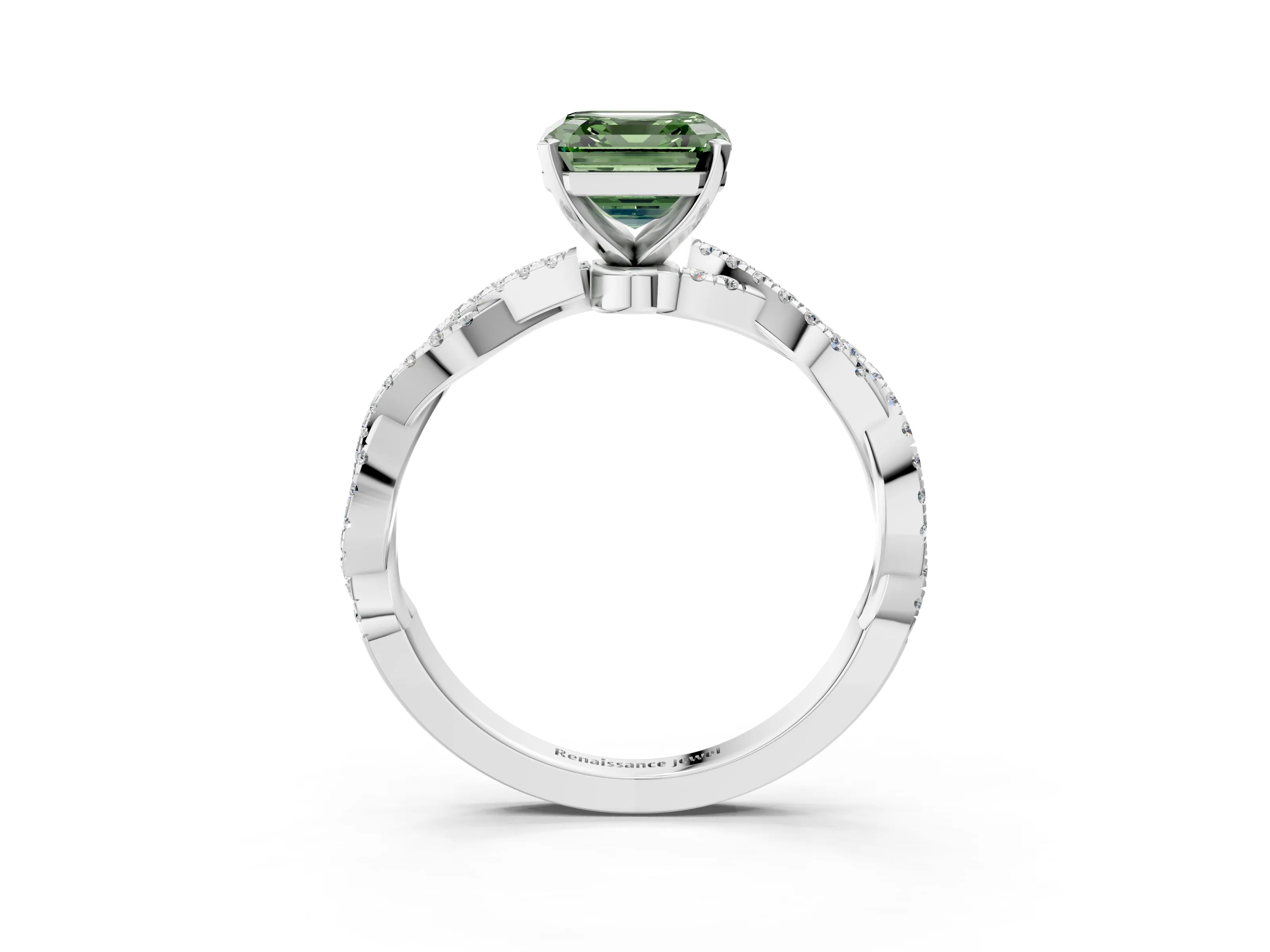 White gold Fancy Green Asscher Cut Solitaire Twisted Pave Band with Four-Prong Setting_18