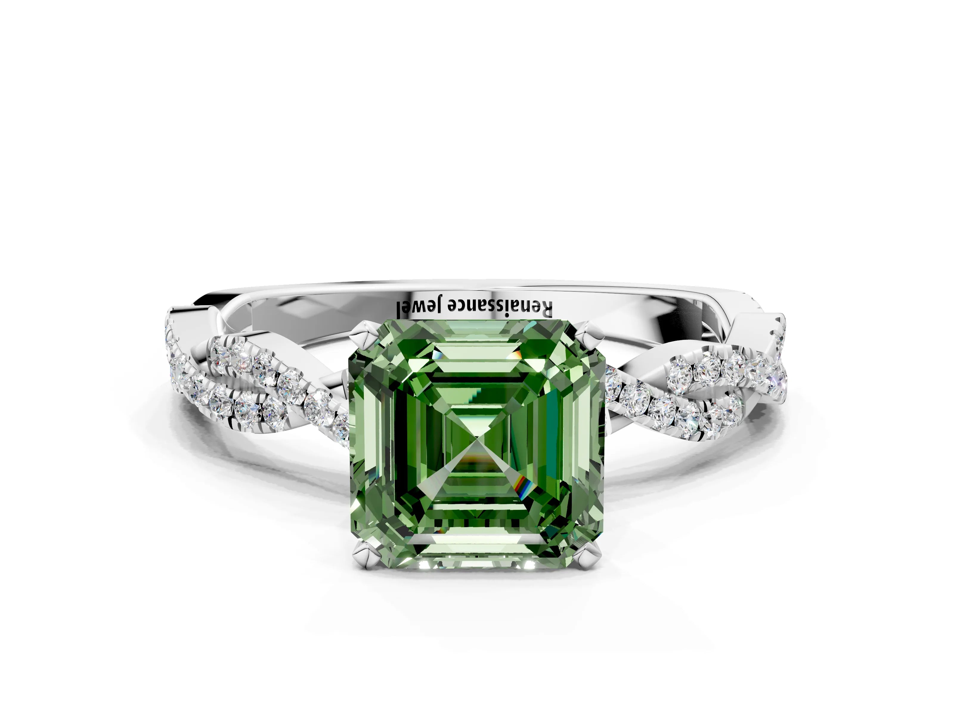 White gold Fancy Green Asscher Cut Solitaire Twisted Pave Band with Four-Prong Setting_3