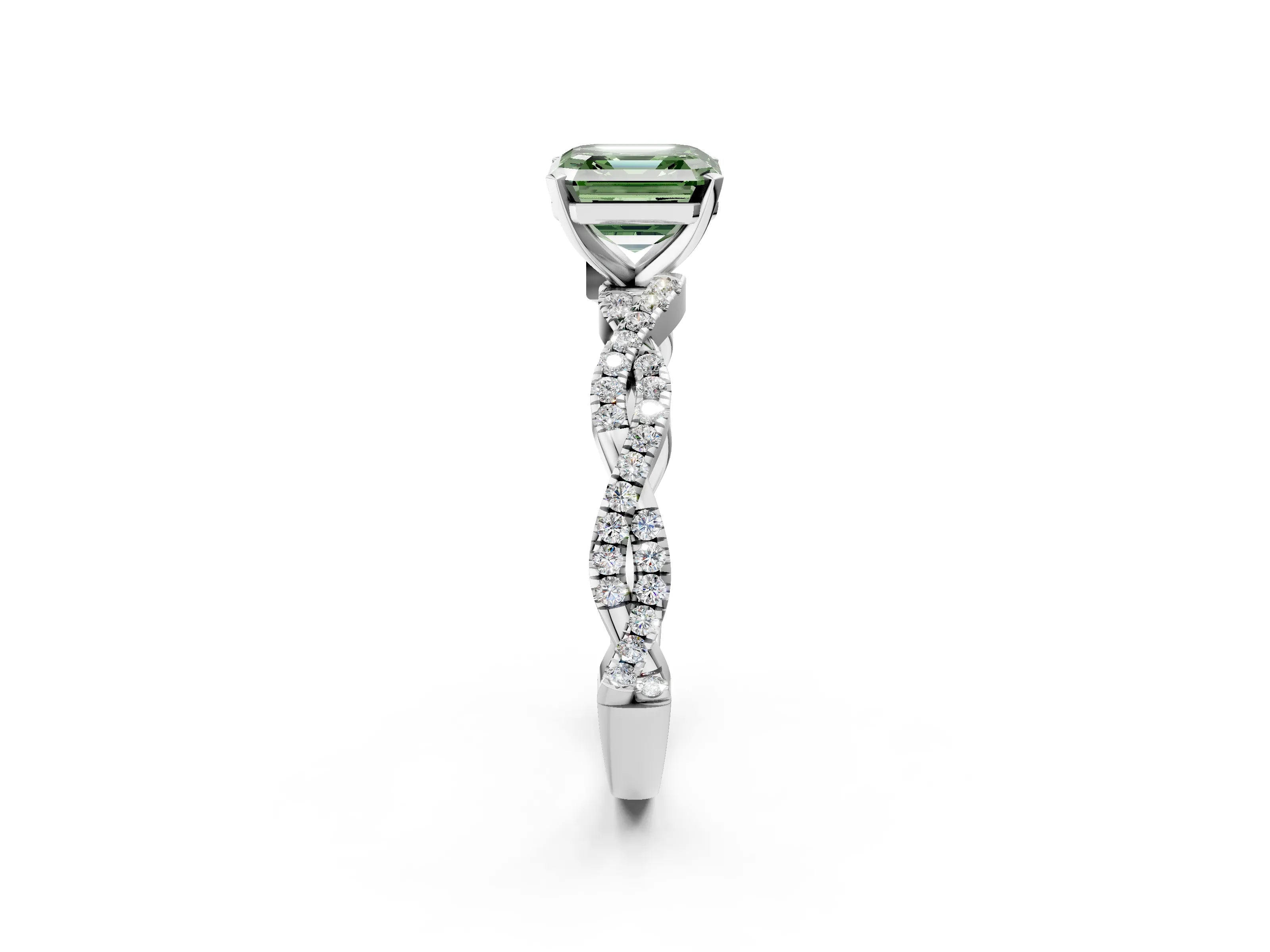 White gold Fancy Green Asscher Cut Solitaire Twisted Pave Band with Four-Prong Setting_5