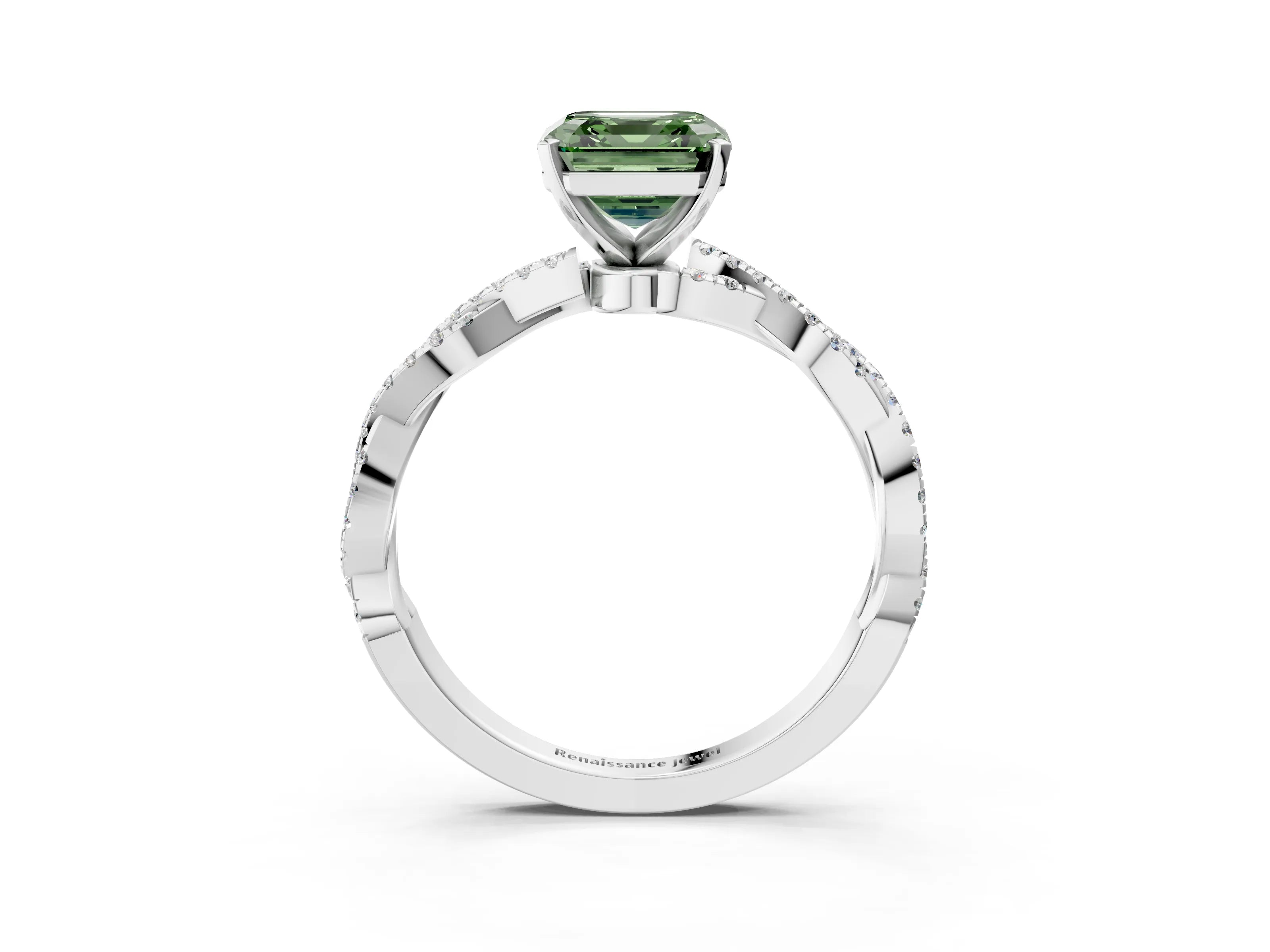 White gold Fancy Green Asscher Cut Solitaire Twisted Pave Band with Four-Prong Setting_6