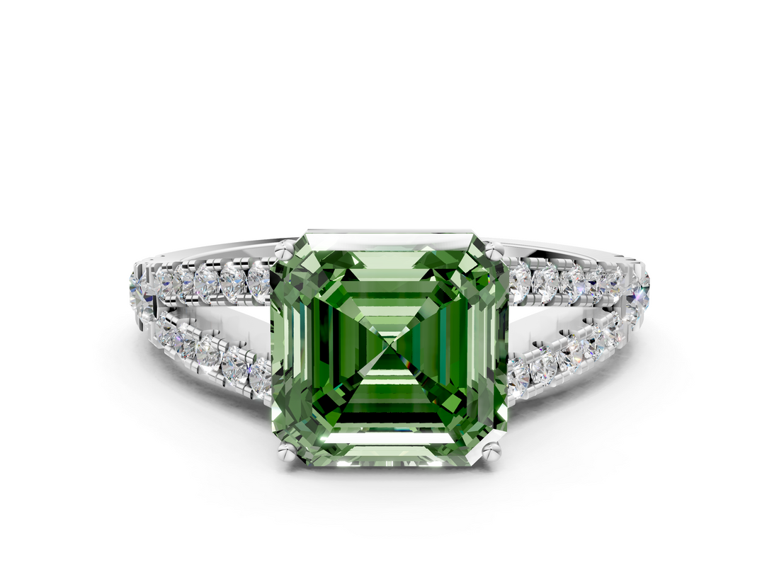 White gold Fancy Green Asscher  Cut Split Shank Pave Diamond Engagement Ring with Four-Prong Setting