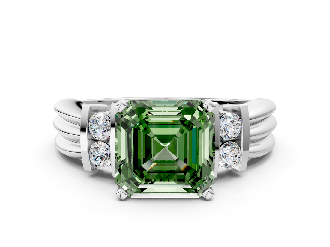 White gold Fancy Green Asscher  Cut Three-Stone Channel Set Ring with Bar Prongs