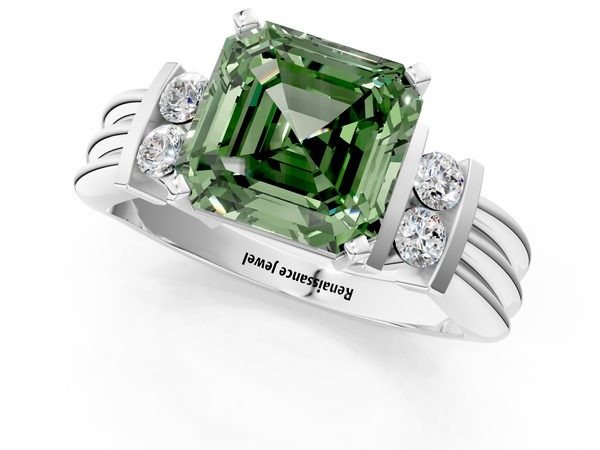 Platinum Asscher Cut Grooved Band Engagement Ring Setting for Fancy Green Center