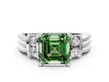 White gold Fancy Green Asscher  Cut Three-Stone Channel Set Ring with Bar Prongs
