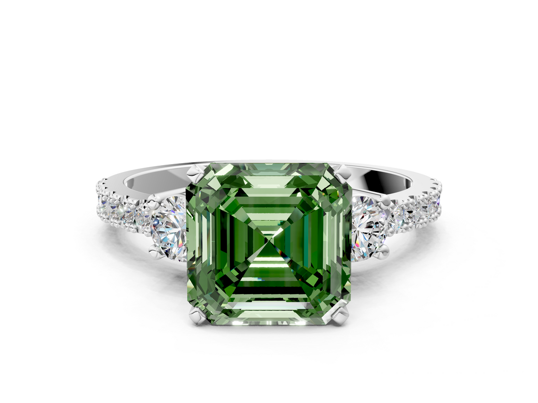 White gold Fancy Green Asscher  Cut Three-Stone Diamond Pavé Band with Prong Setting_22