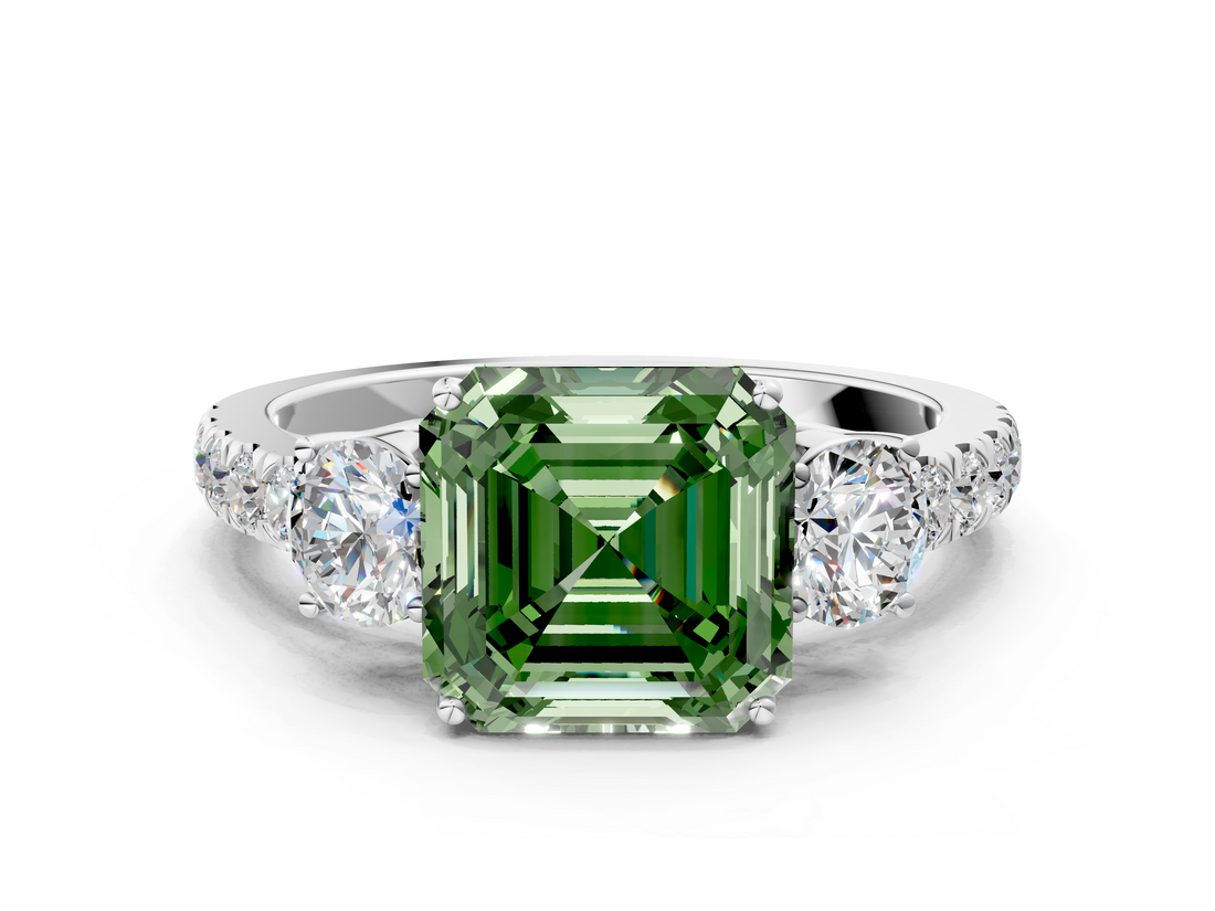 White gold Fancy Green Asscher  Cut Three-Stone Diamond Pave Band with Prong Setting_50