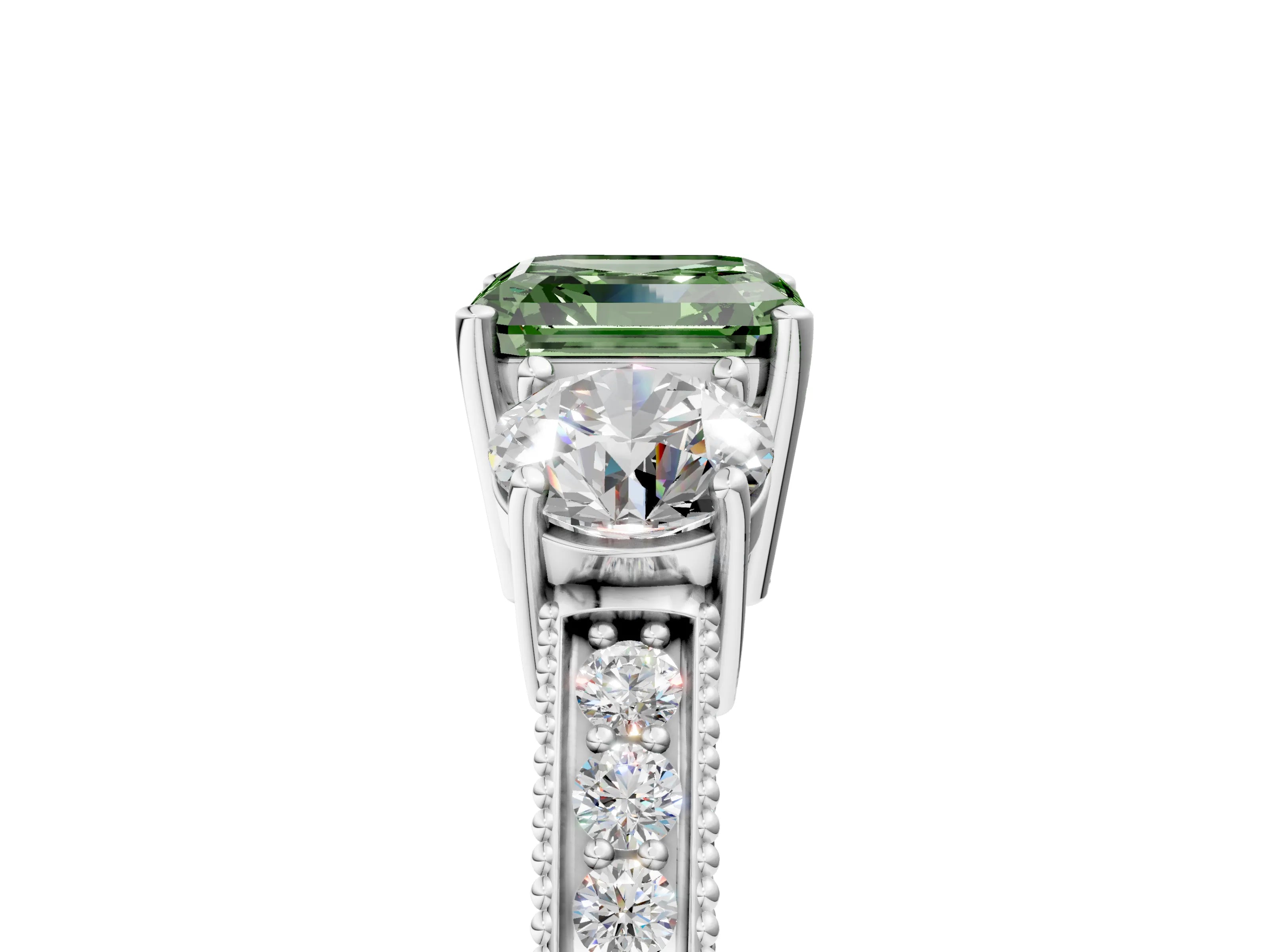 White gold Fancy Green Asscher Cut Three-Stone Diamond Ring with Pavé Band and Four-Prong Setting_17