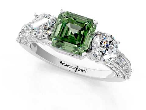 White gold Fancy Green Asscher Cut Three-Stone Diamond Ring with Pavé Band and Four-Prong Setting_1