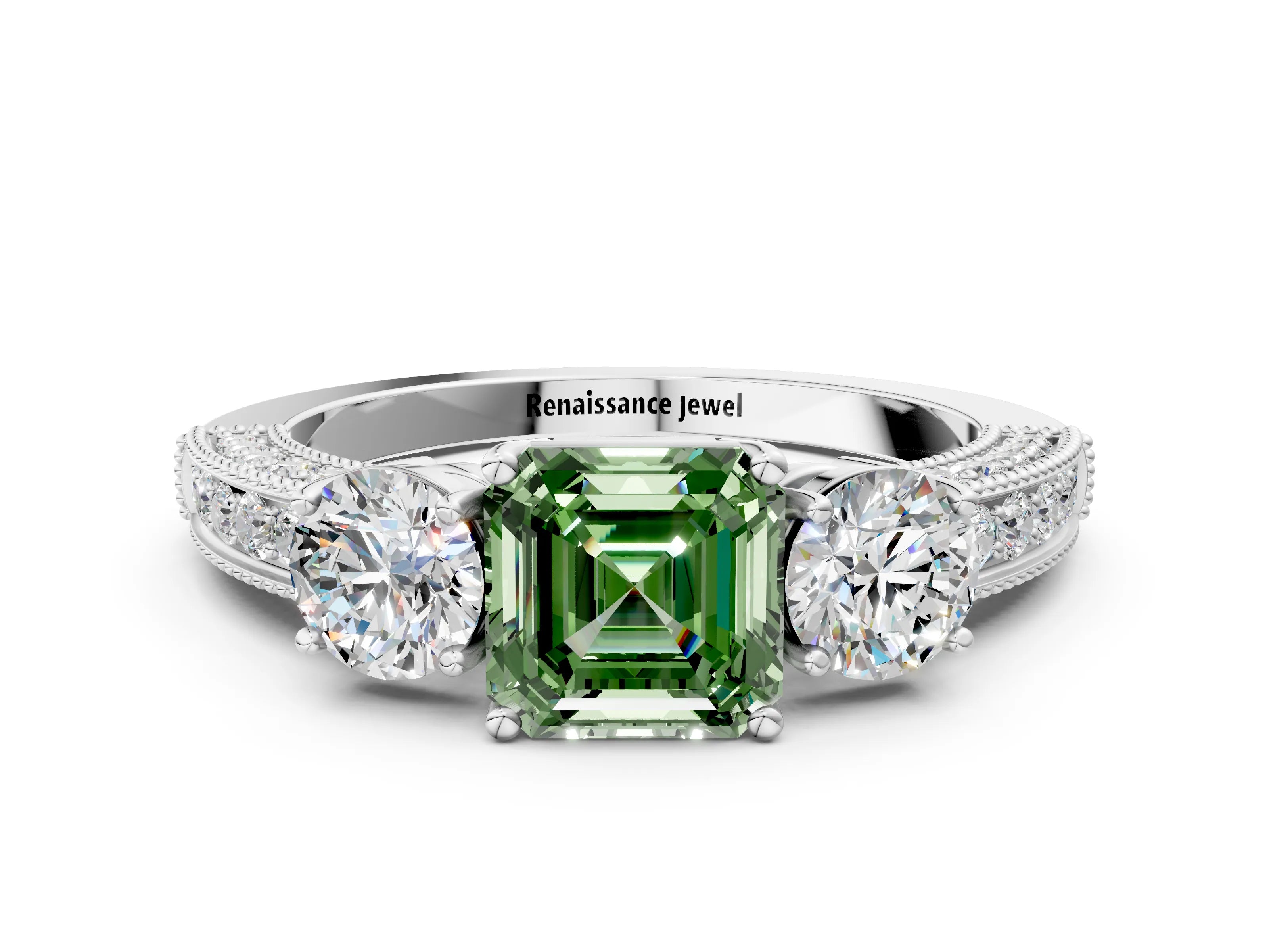 White gold Fancy Green Asscher Cut Three-Stone Diamond Ring with Pavé Band and Four-Prong Setting_24