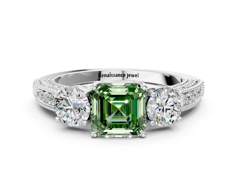 White gold Fancy Green Asscher Cut Three-Stone Diamond Ring with Pavé Band and Four-Prong Setting_24