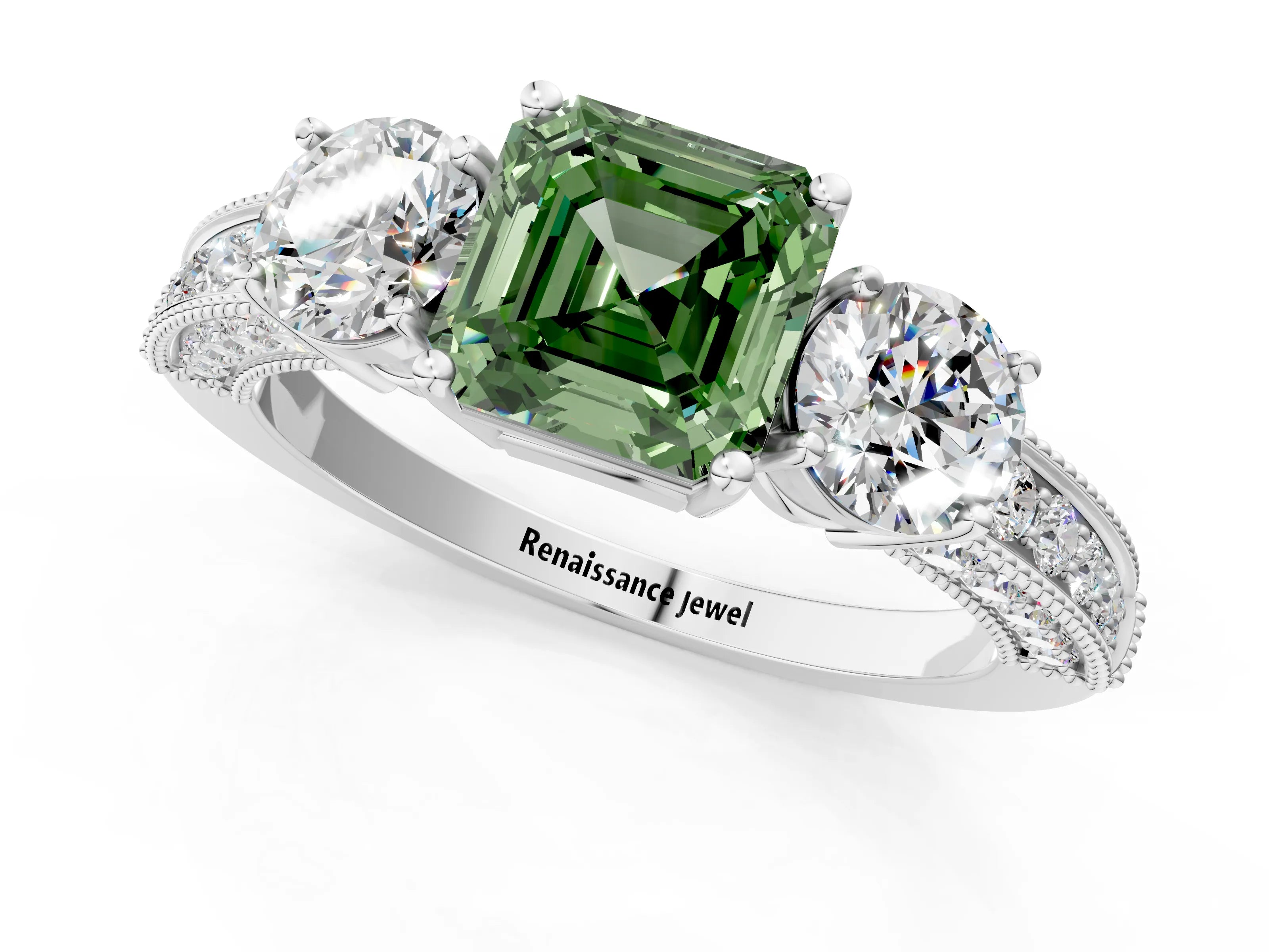 White gold Fancy Green Asscher Cut Three-Stone Diamond Ring with Pavé Band and Four-Prong Setting_25