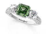 White gold Fancy Green Asscher Cut Three-Stone Diamond Ring with Pavé Band and Four-Prong Setting_25