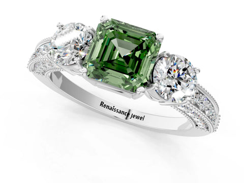 White gold Fancy Green Asscher Cut Three-Stone Diamond Ring with Pavé Band and Four-Prong Setting_25