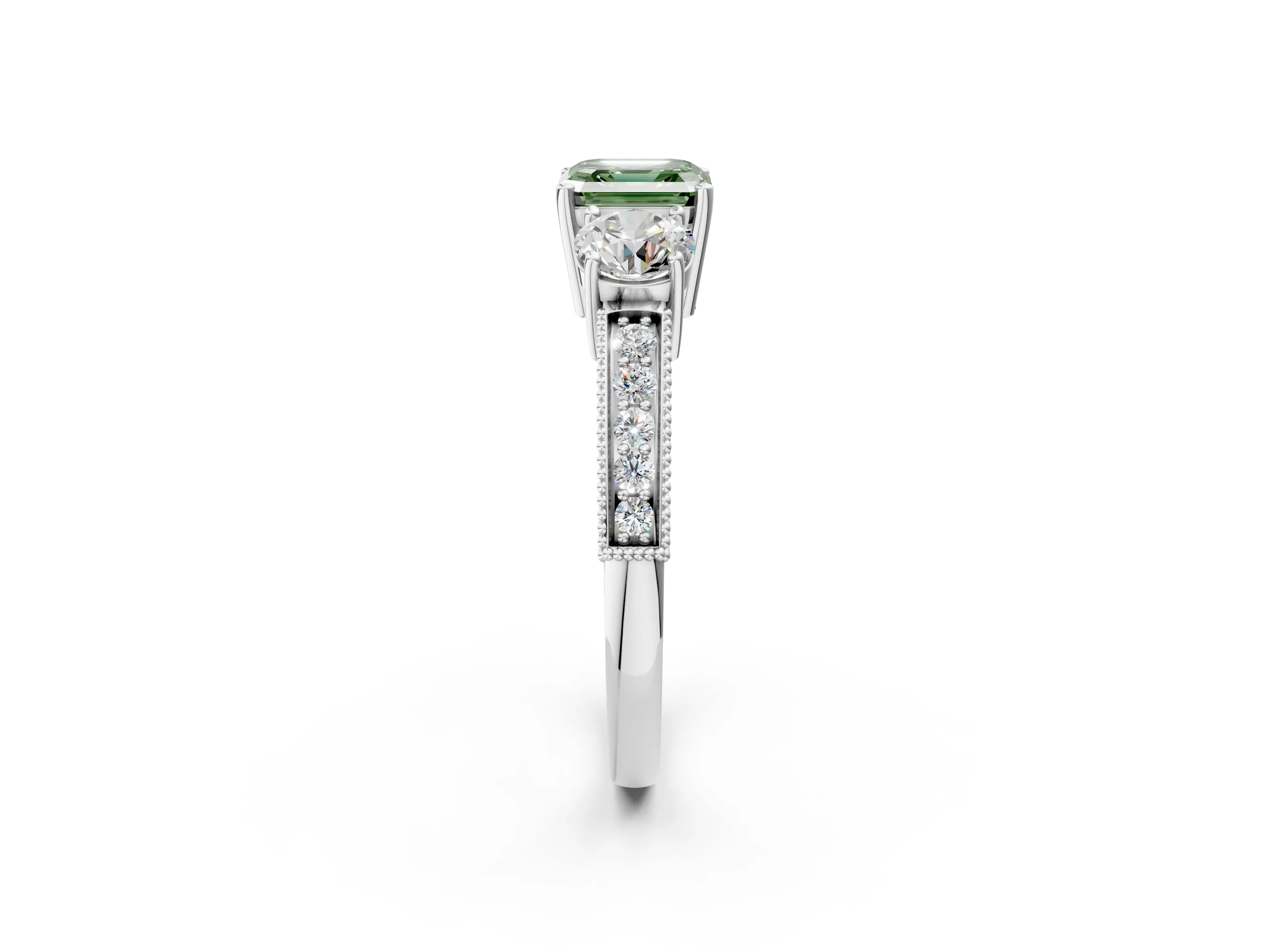 White gold Fancy Green Asscher Cut Three-Stone Diamond Ring with Pavé Band and Four-Prong Setting_26