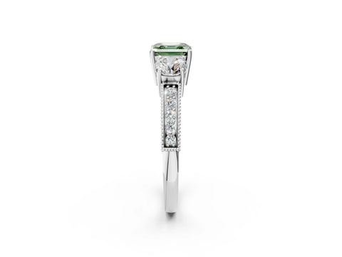 White gold Fancy Green Asscher Cut Three-Stone Diamond Ring with Pavé Band and Four-Prong Setting_26