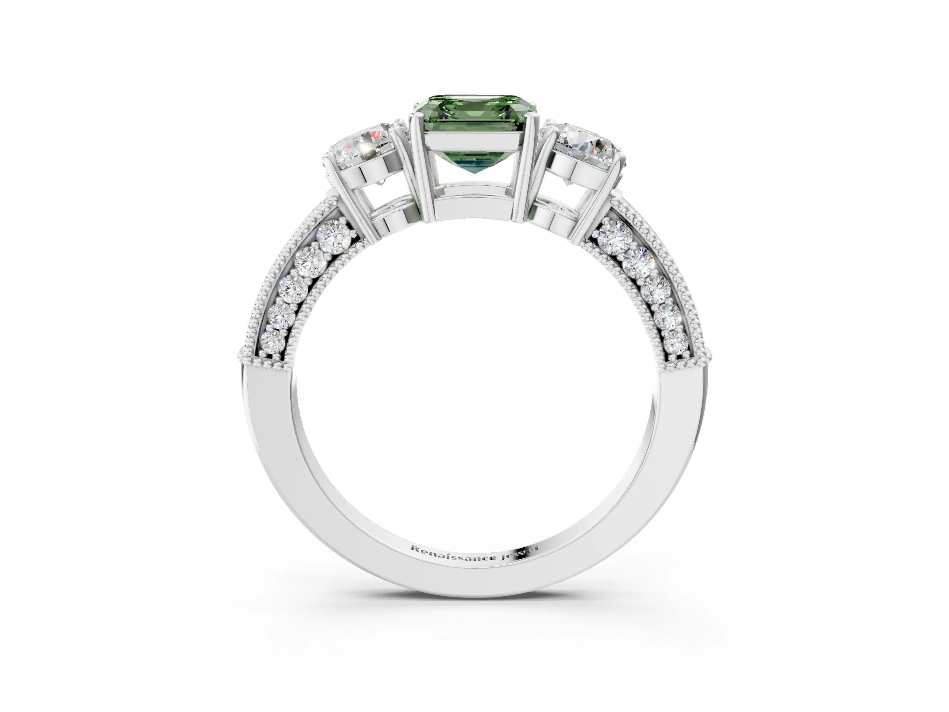 White gold Fancy Green Asscher Cut Three-Stone Diamond Ring with Pavé Band and Four-Prong Setting_27