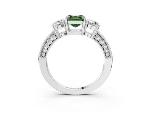 White gold Fancy Green Asscher Cut Three-Stone Diamond Ring with Pavé Band and Four-Prong Setting_27