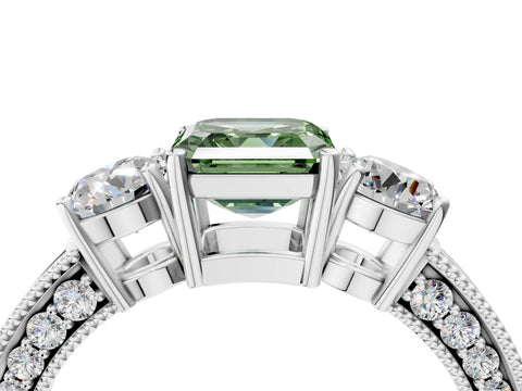 White gold Fancy Green Asscher Cut Three-Stone Diamond Ring with Pavé Band and Four-Prong Setting_28