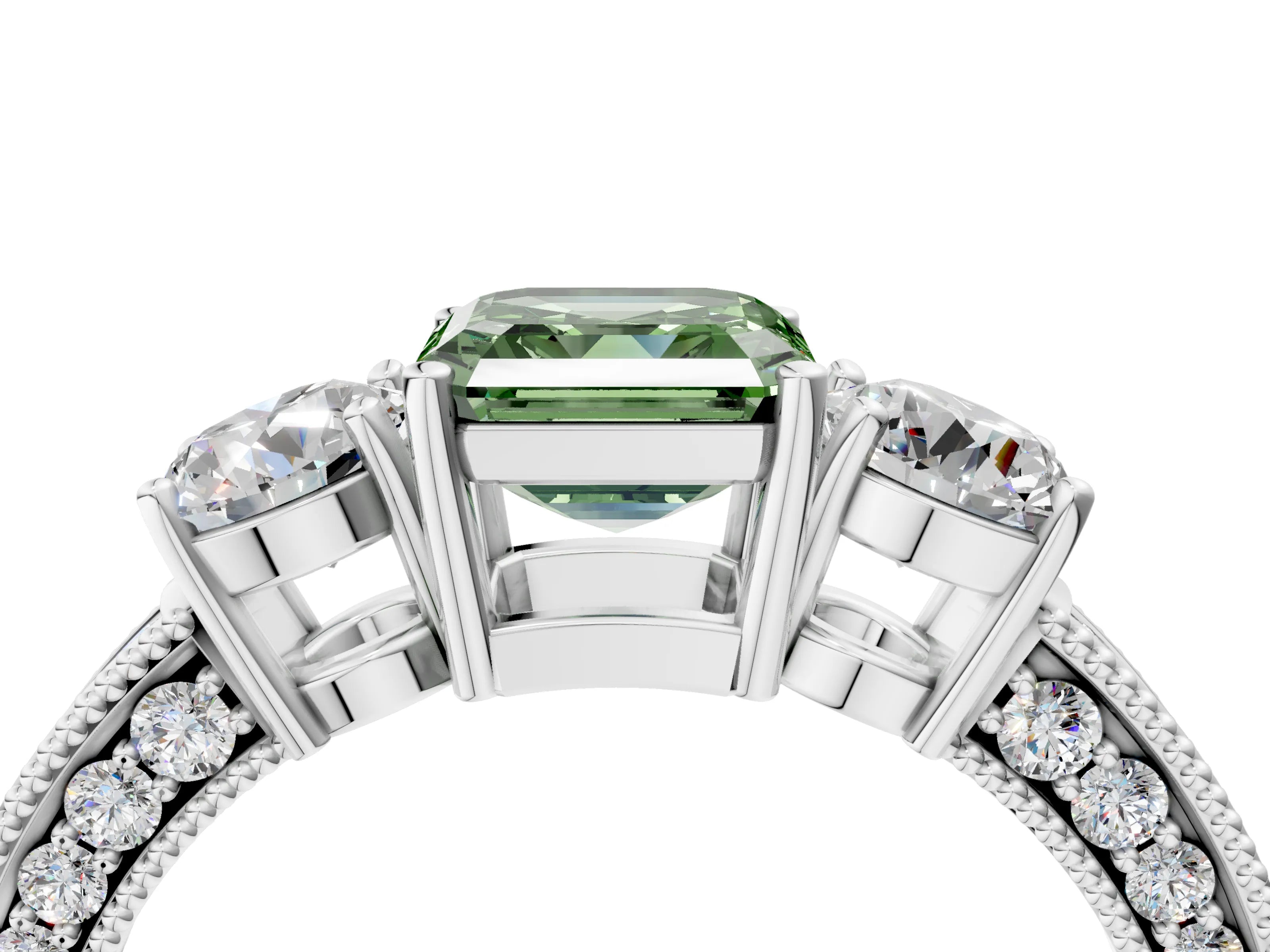 White gold Fancy Green Asscher Cut Three-Stone Diamond Ring with Pavé Band and Four-Prong Setting_28