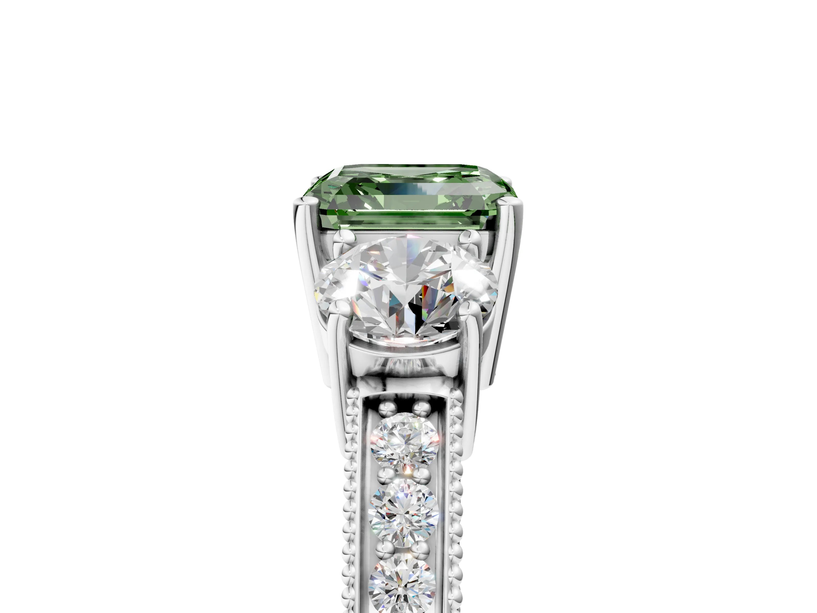 White gold Fancy Green Asscher Cut Three-Stone Diamond Ring with Pavé Band and Four-Prong Setting_29