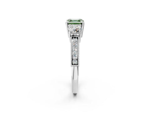 White gold Fancy Green Asscher Cut Three-Stone Diamond Ring with Pavé Band and Four-Prong Setting_2