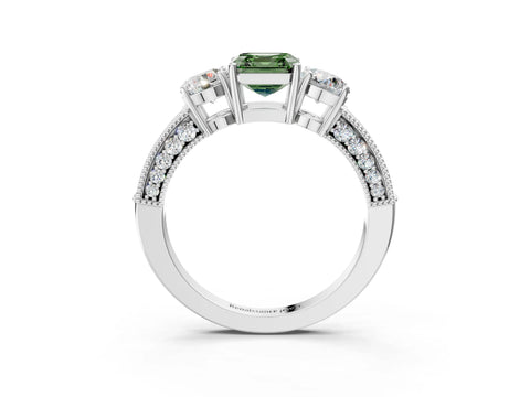 White gold Fancy Green Asscher Cut Three-Stone Diamond Ring with Pavé Band and Four-Prong Setting_3