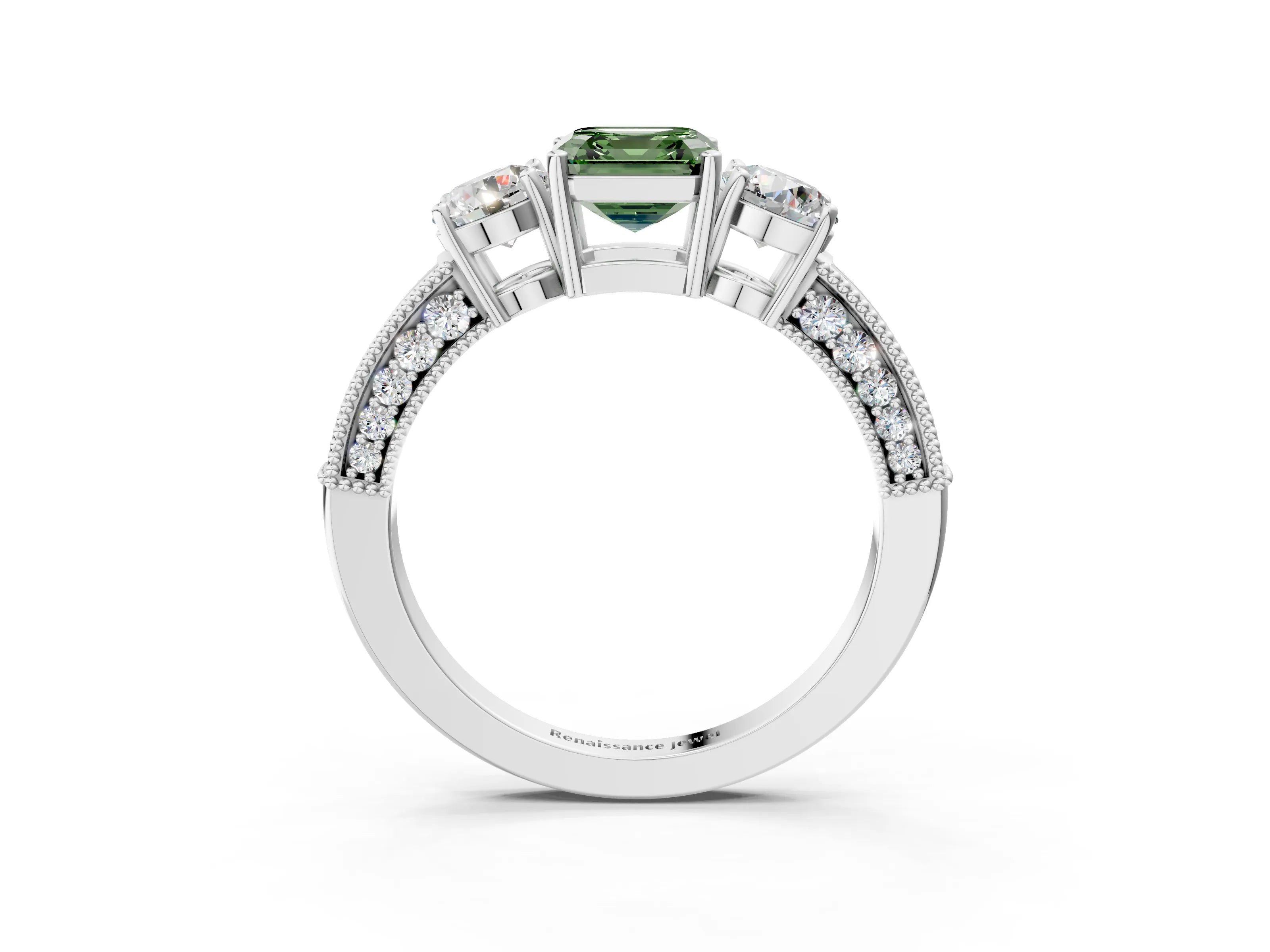 White gold Fancy Green Asscher Cut Three-Stone Diamond Ring with Pavé Band and Four-Prong Setting_3