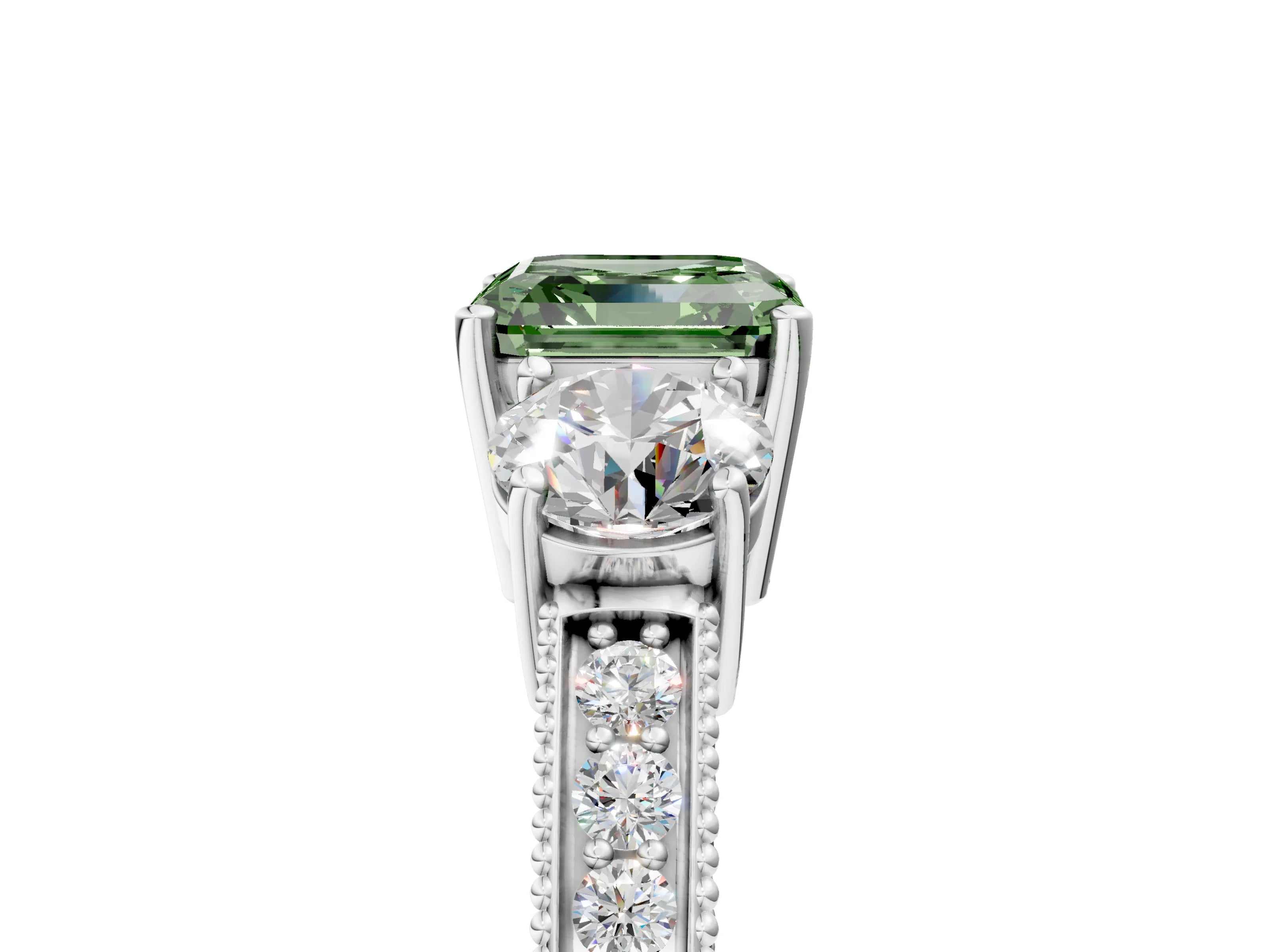 White gold Fancy Green Asscher Cut Three-Stone Diamond Ring with Pavé Band and Four-Prong Setting_5